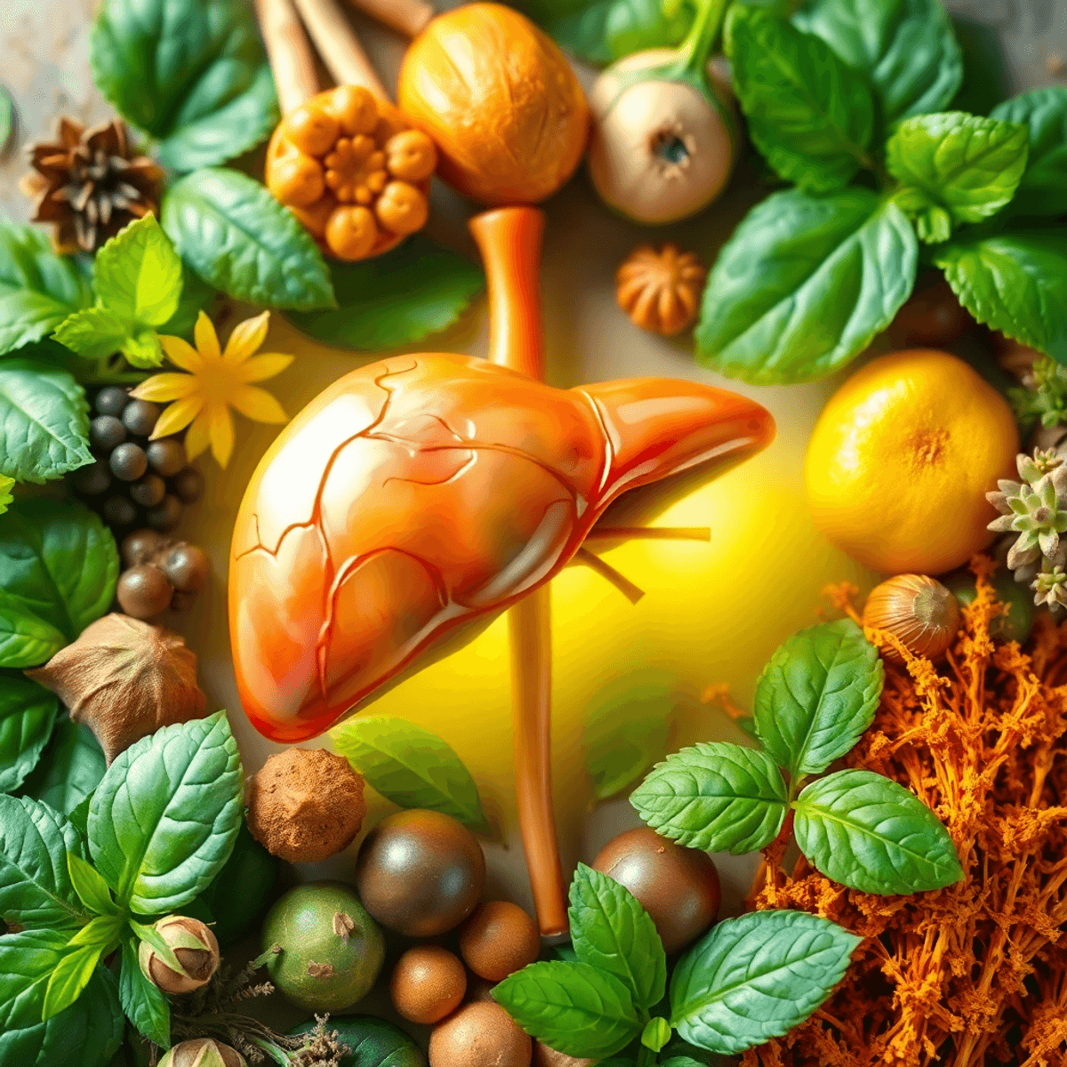 Realistic illustration of a healthy liver surrounded by green leaves and herbs, glowing softly to symbolize detoxification and vitality.