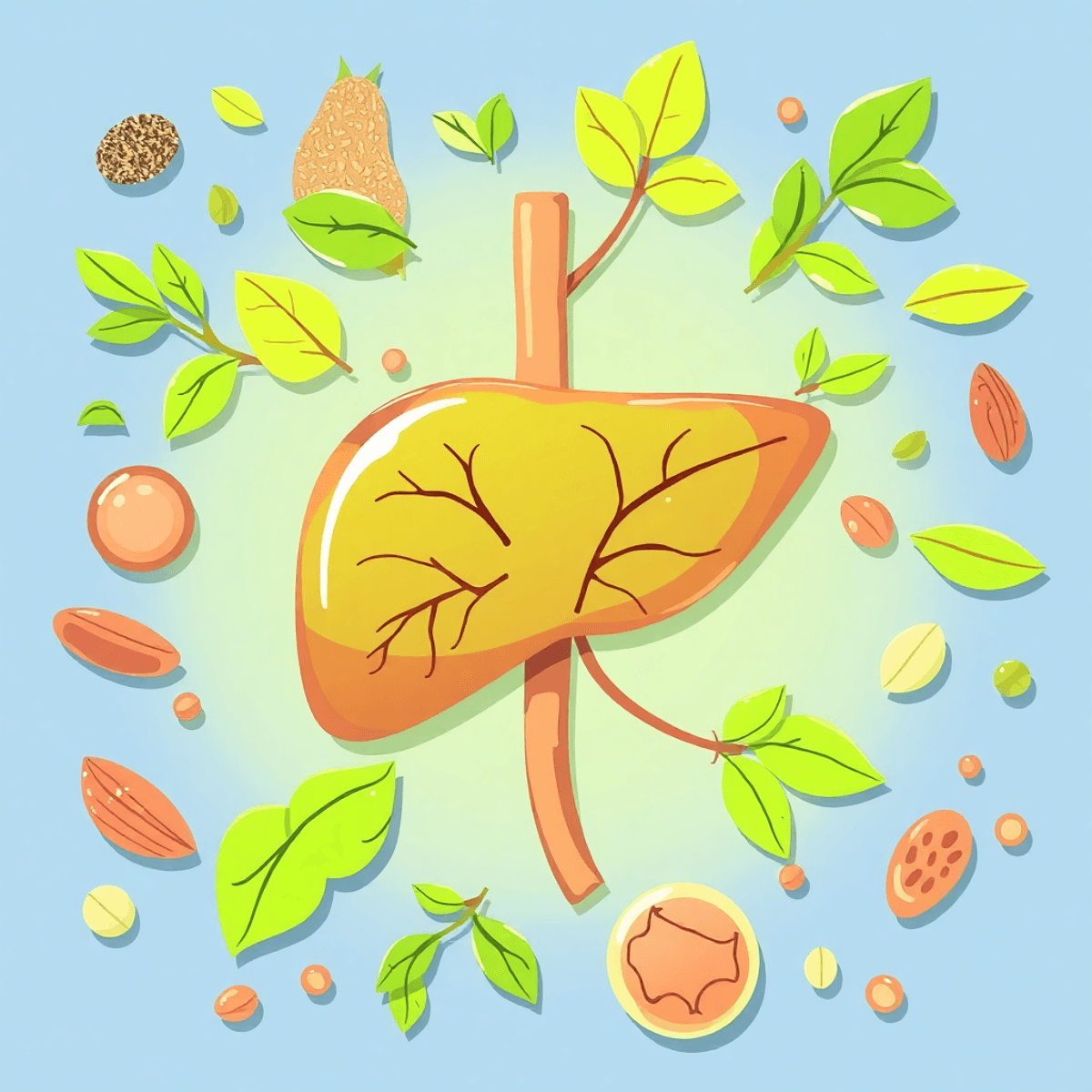 Realistic illustration of a healthy liver surrounded by herbs and leaves in soft green and blue tones, symbolizing detoxification and wellness.