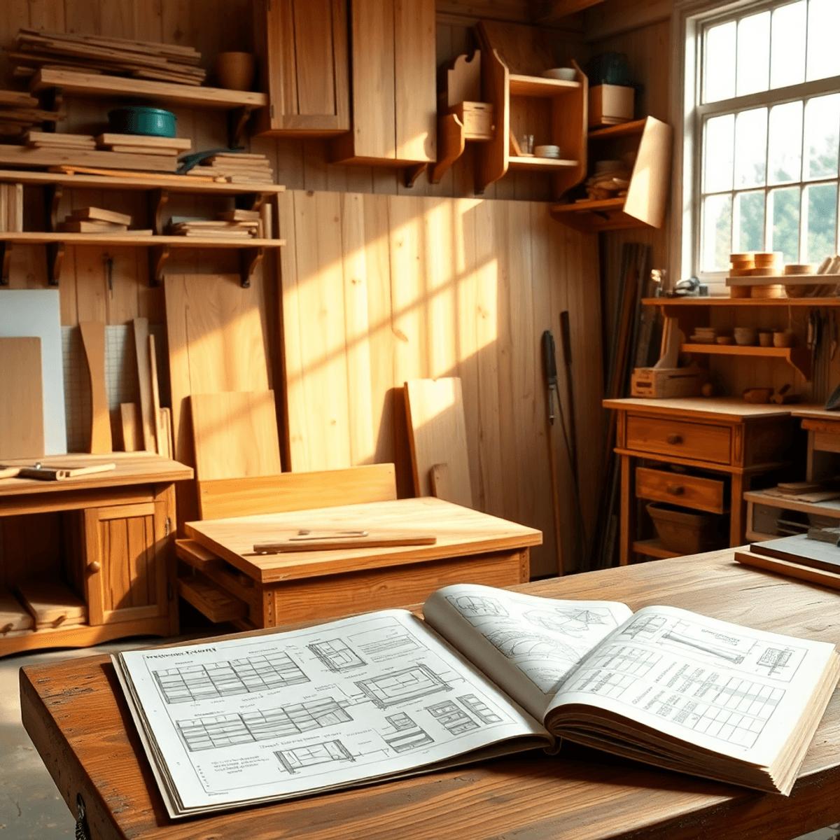 Workshop with wooden furniture, tools, and an open woodworking plan book on a workbench, bathed in warm natural light showcasing craftsmanship.