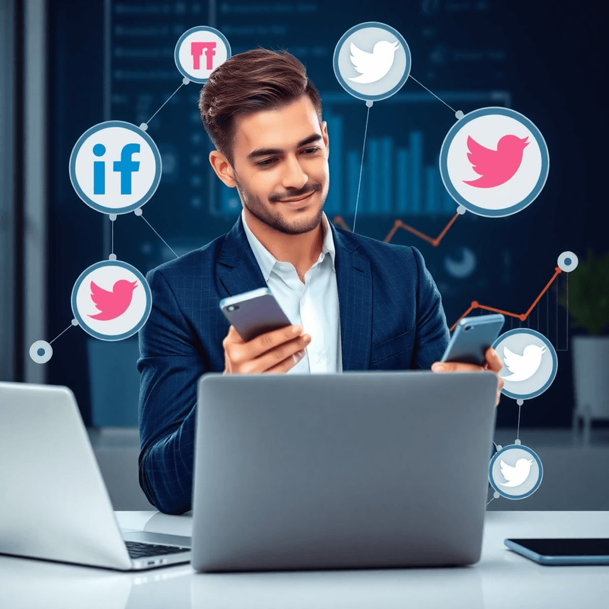 Young professional using laptop and smartphone with social media icons, digital network, and sales growth graph in a modern workspace.