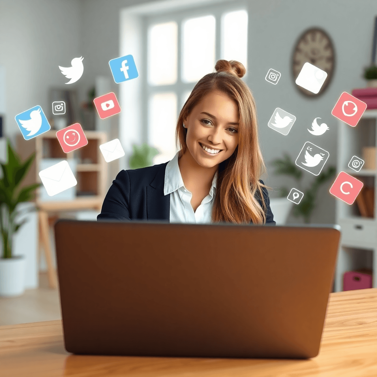 A confident young woman working on a laptop with social media icons floating around her in a bright, modern home office.