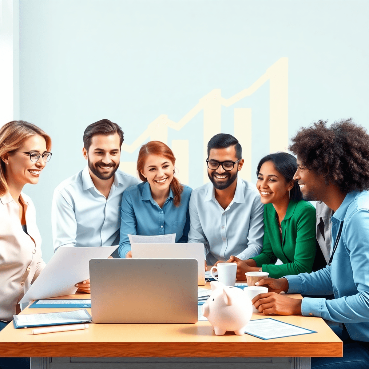 A diverse group around a table with laptops and documents, smiling and planning, with subtle money growth symbols in the background.