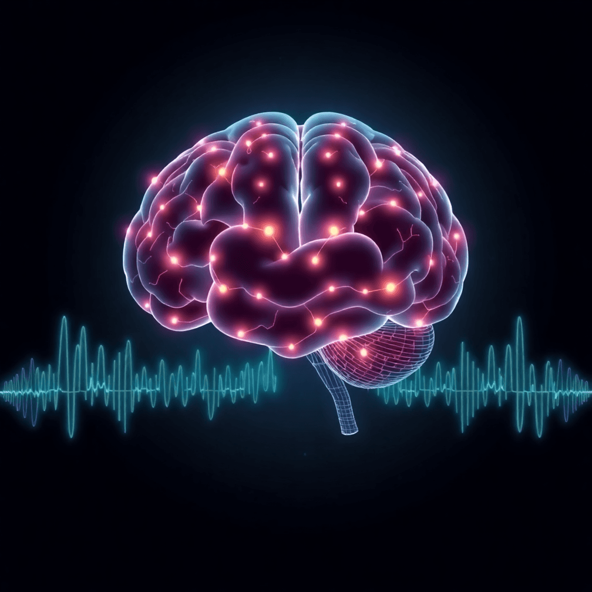 A glowing digital brain with vibrant neural connections, surrounded by subtle sound waves and binaural beats on a dark background, symbolizing cogn...