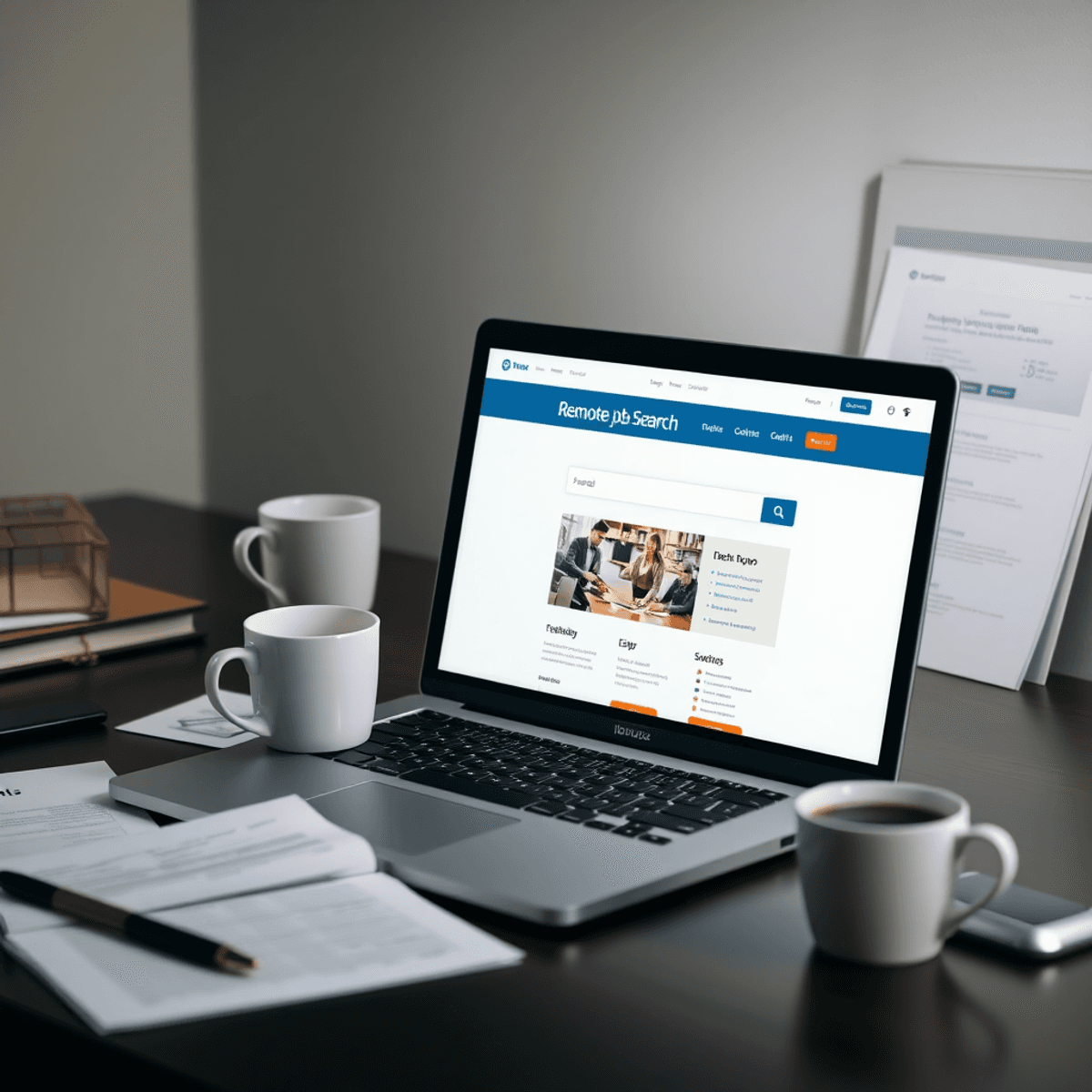 A laptop showing a remote job search site on a desk with documents and a coffee cup, representing online job hunting and work-from-home opportunities.