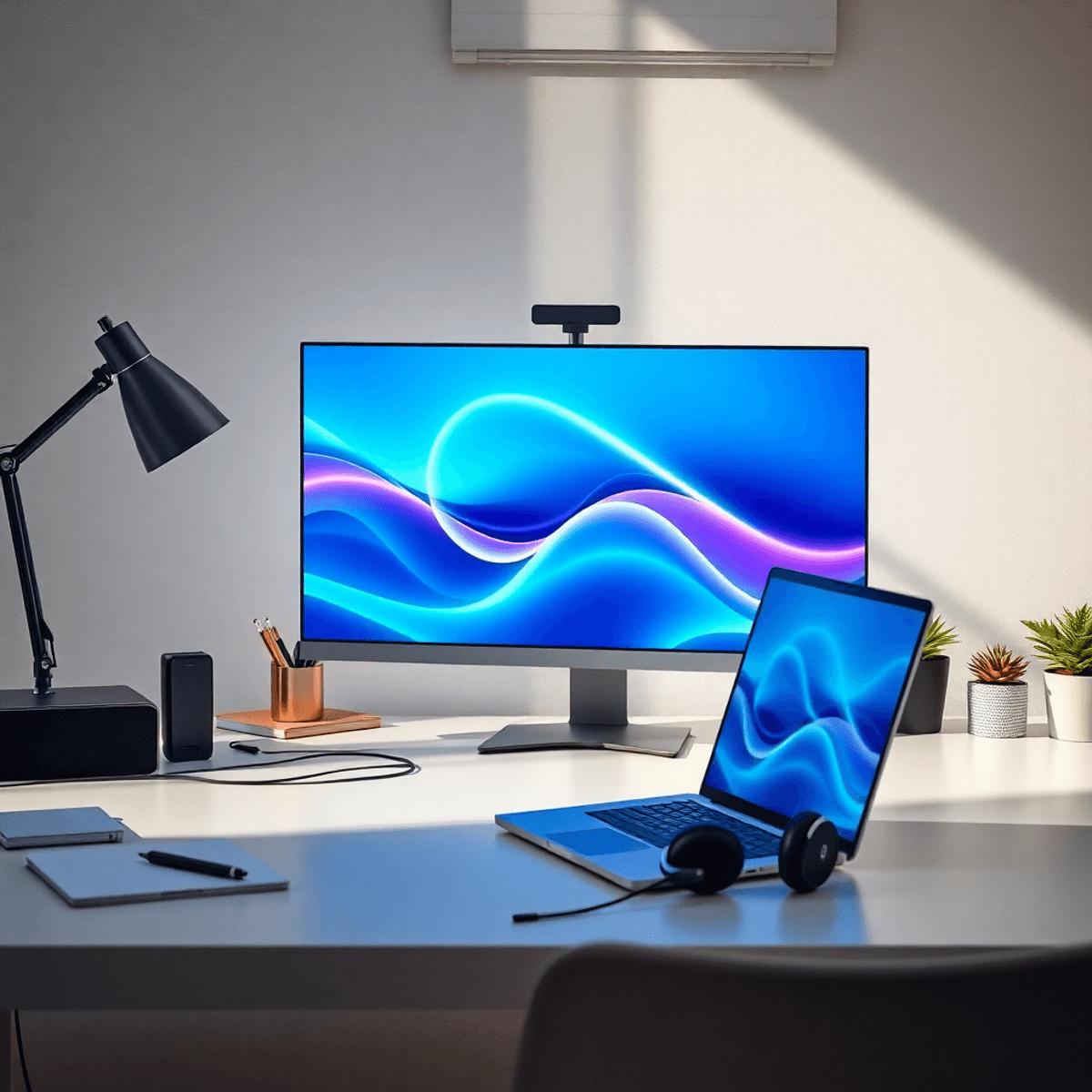 A modern workspace with soft natural light, a tidy desk holding headphones and a laptop displaying calming abstract soundwave visuals.