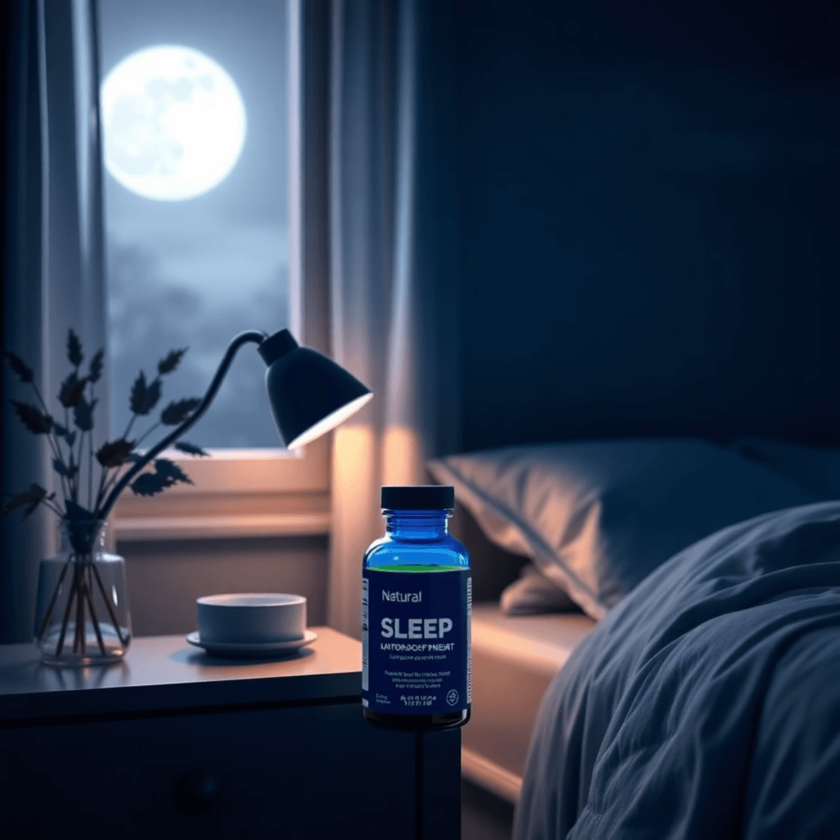 A peaceful bedroom at night with a natural sleep supplement bottle on the bedside table, soft moonlight through the window, and calming blue tones.