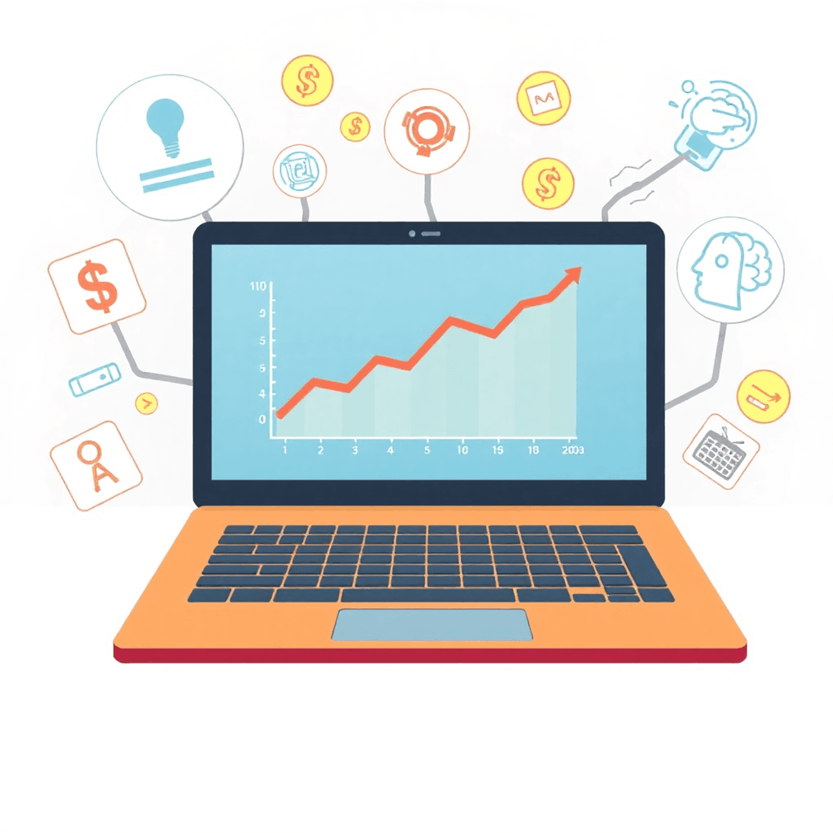 A realistic digital illustration of a laptop showing a financial growth chart, surrounded by online marketing symbols and subconscious mind icons i...