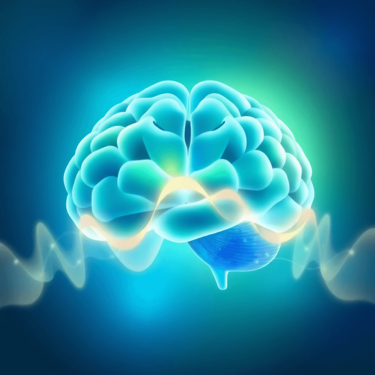 Abstract illustration of intertwining brainwaves and sound waves in soft blue and green tones symbolizing mental clarity and focus.