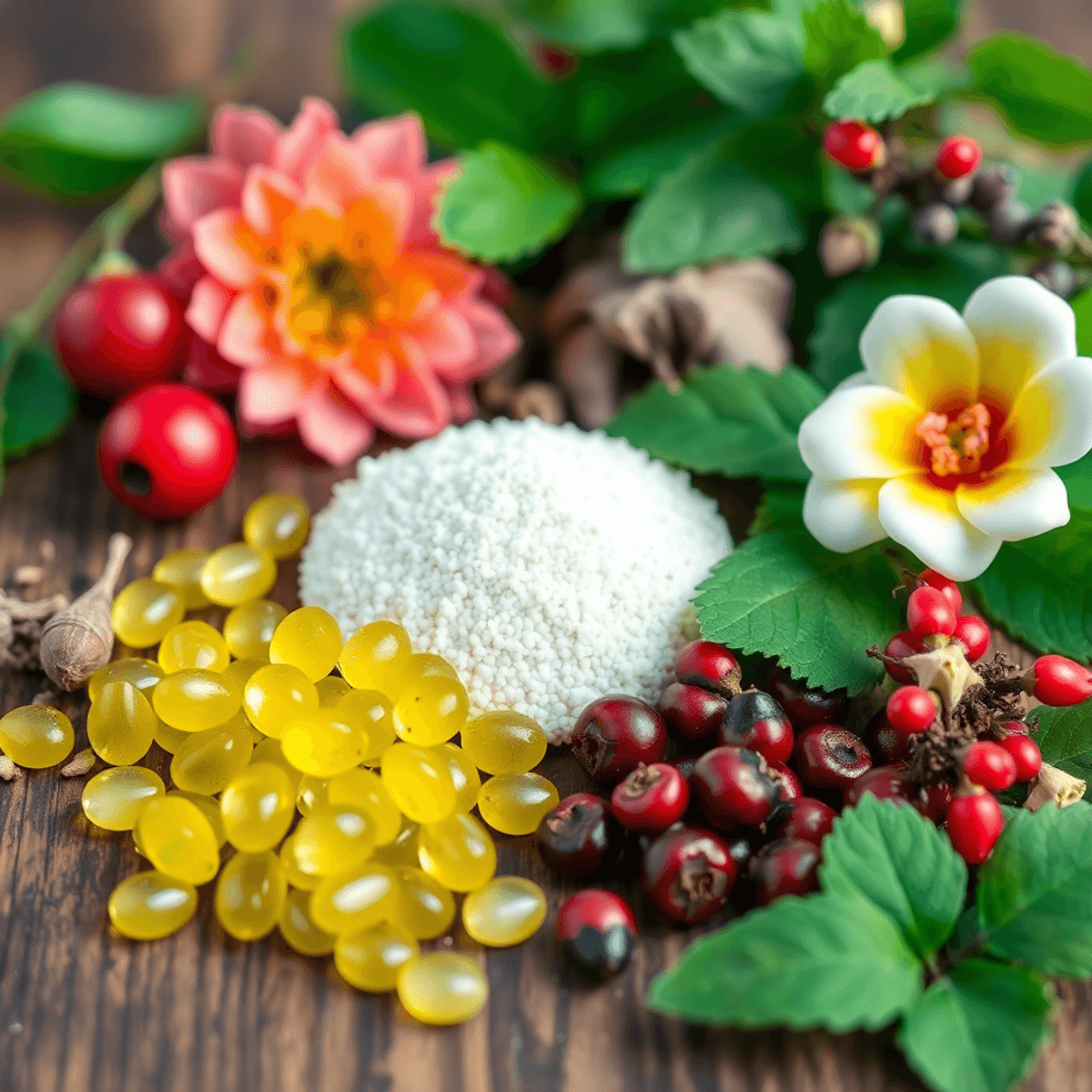 Close-up of Ginkgo Biloba and Hawthorn Berry herbs arranged on a wooden table, representing natural supplements for hearing health and tinnitus rel...