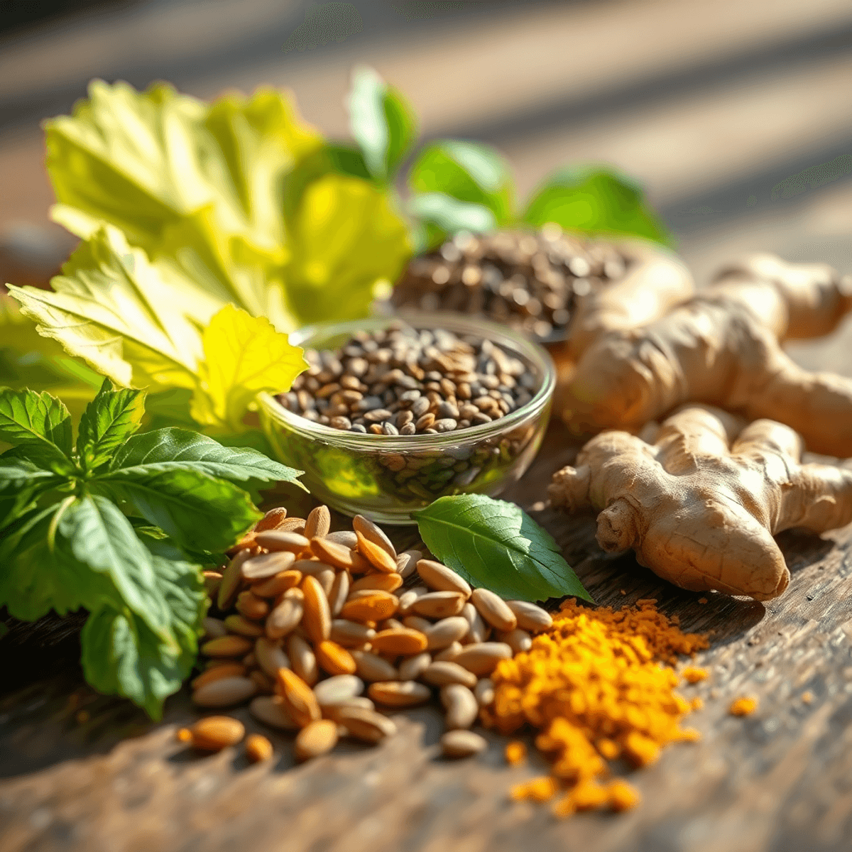 Close-up of Ginkgo Biloba leaves, green tea leaves, grape seeds, turmeric roots, and ginger on a wooden table with soft sunlight highlighting their...