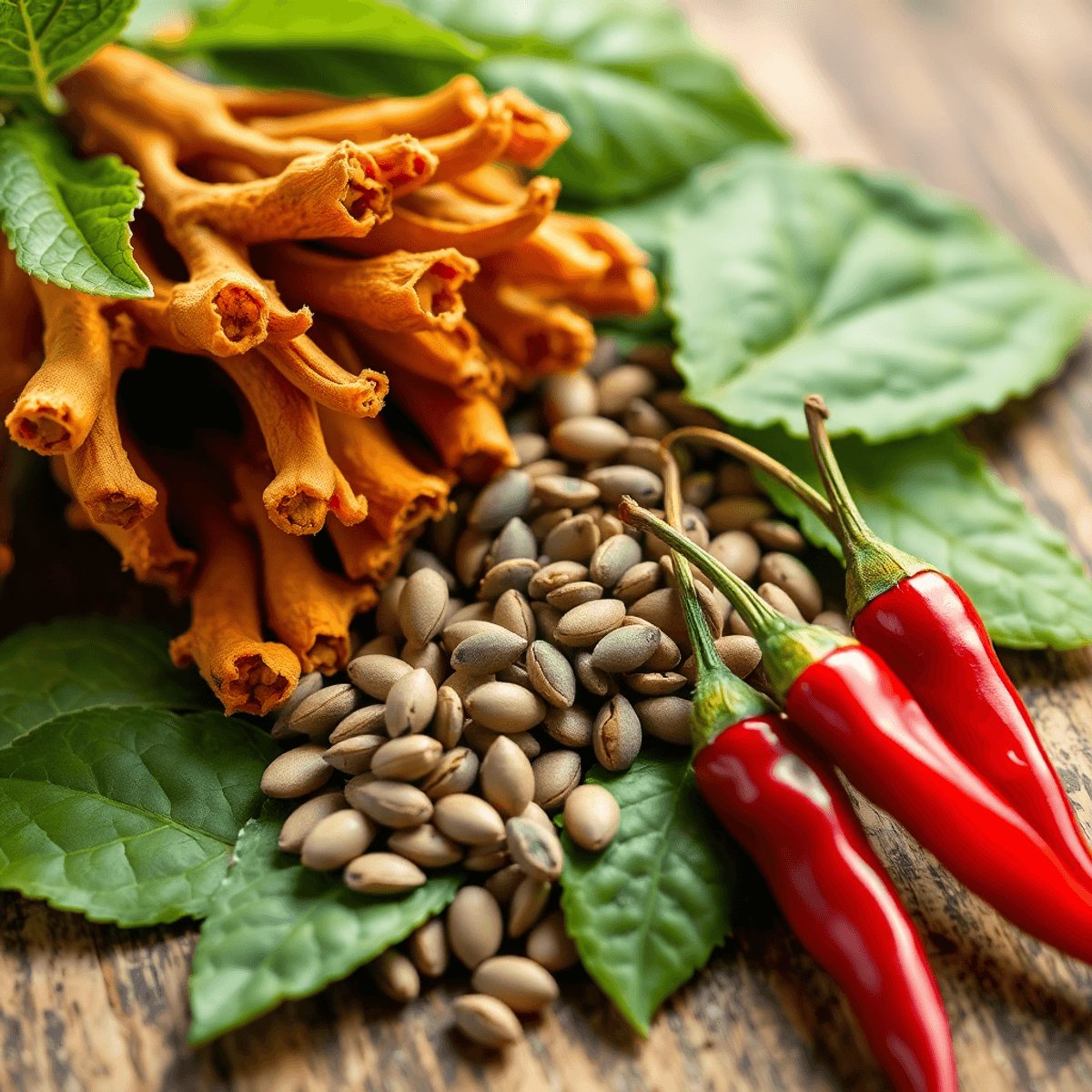 Close-up of Maca root, grape seeds, green tea leaves, and red chili peppers on wood, representing natural supplements for hearing health.