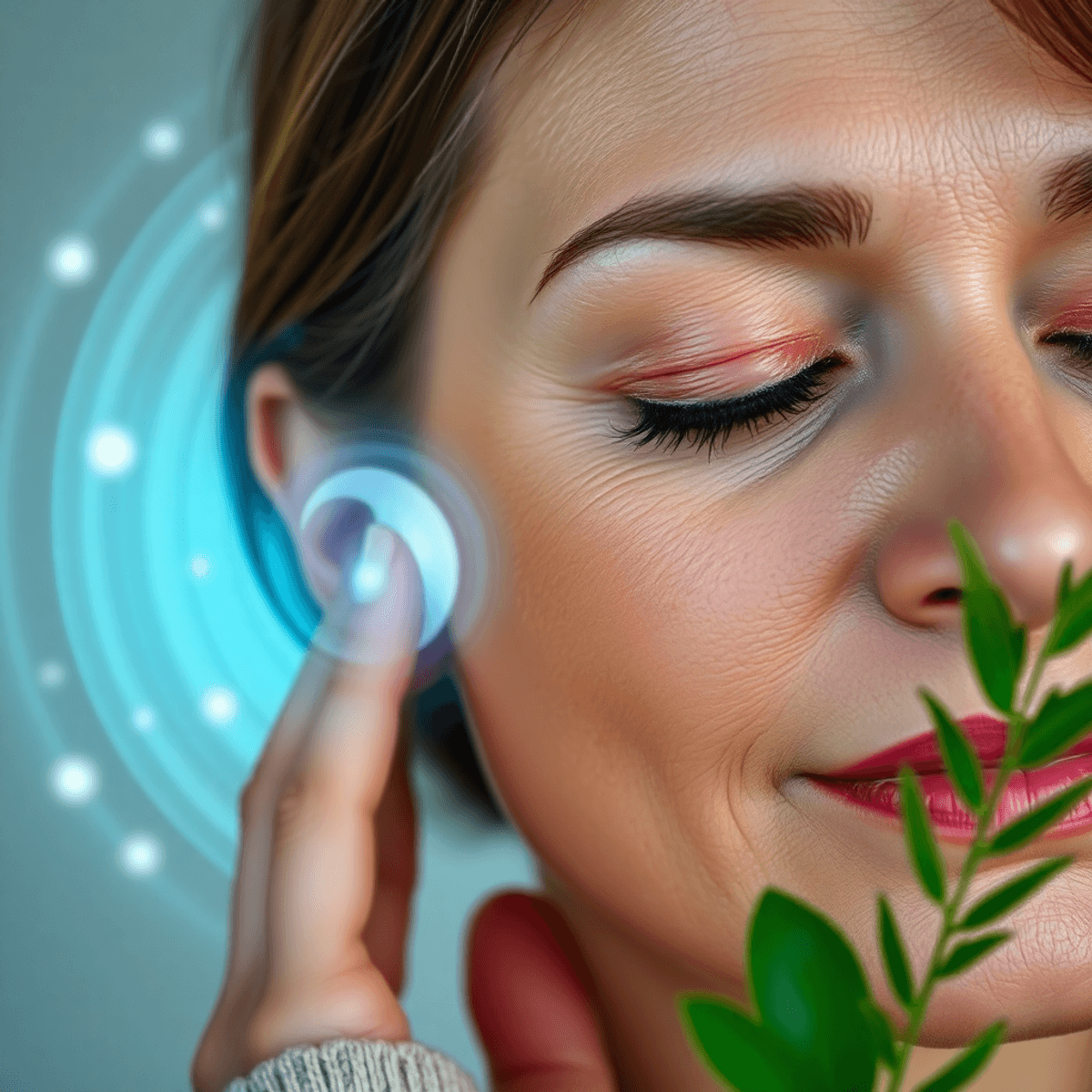 Close-up of a serene middle-aged woman with eyes closed, gently touching her ear, surrounded by glowing sound waves and green plants symbolizing he...