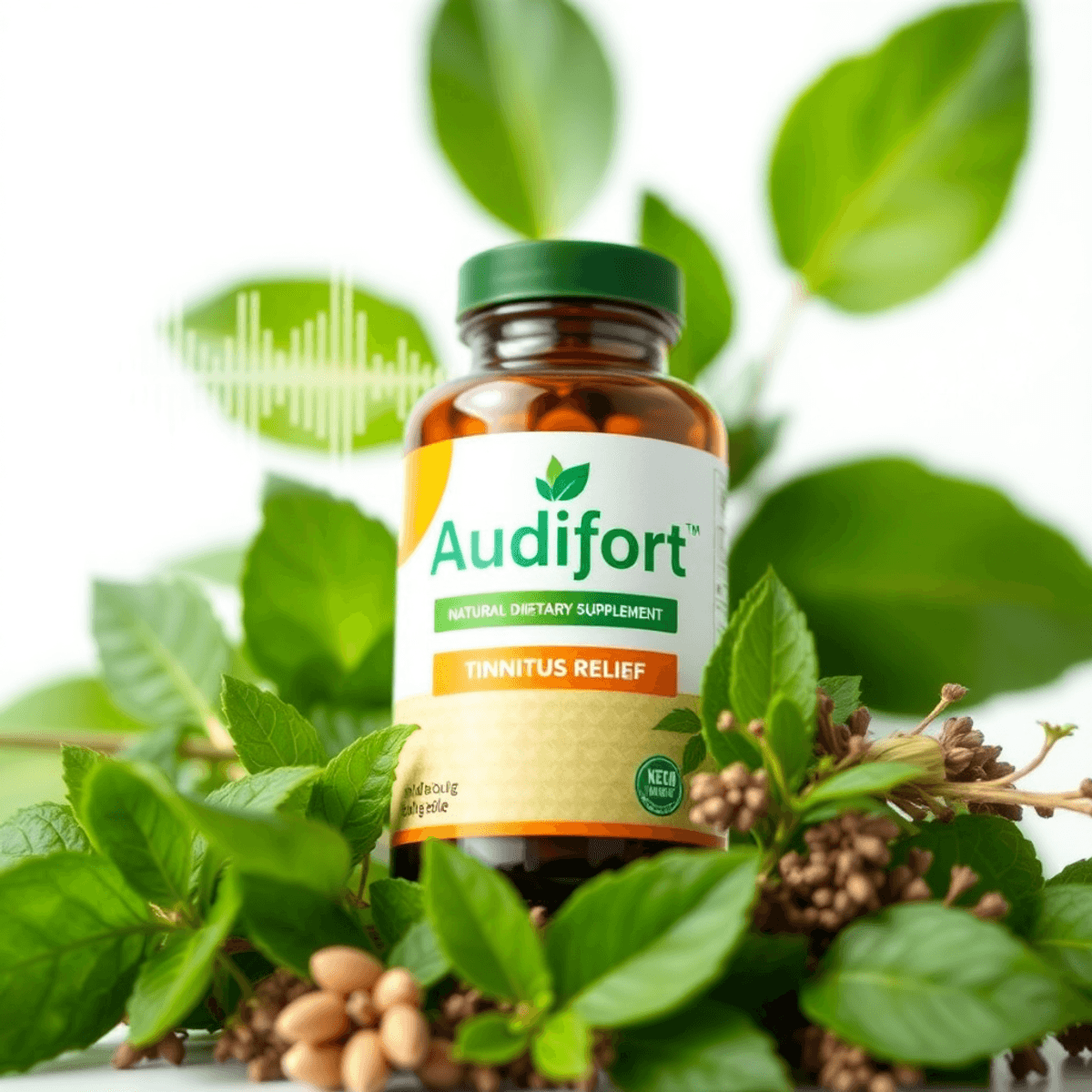 Close-up of an Audifort supplement bottle surrounded by green leaves and herbs, with soundwave graphics in the background symbolizing tinnitus relief.