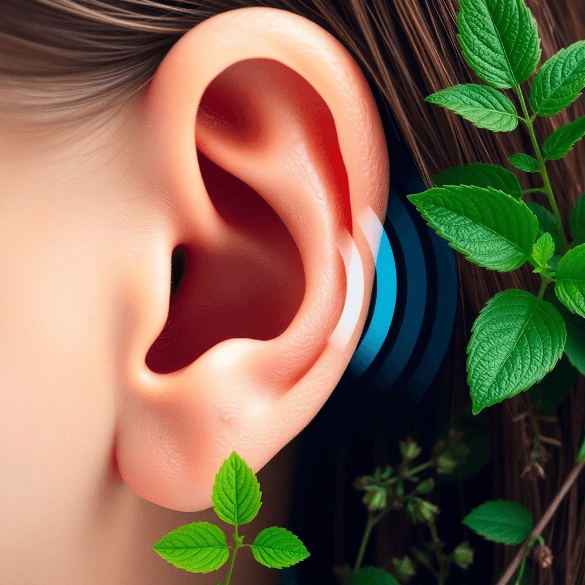 Close-up of an ear with sound waves flowing toward it, surrounded by green leaves and herbs, symbolizing natural hearing support and health.