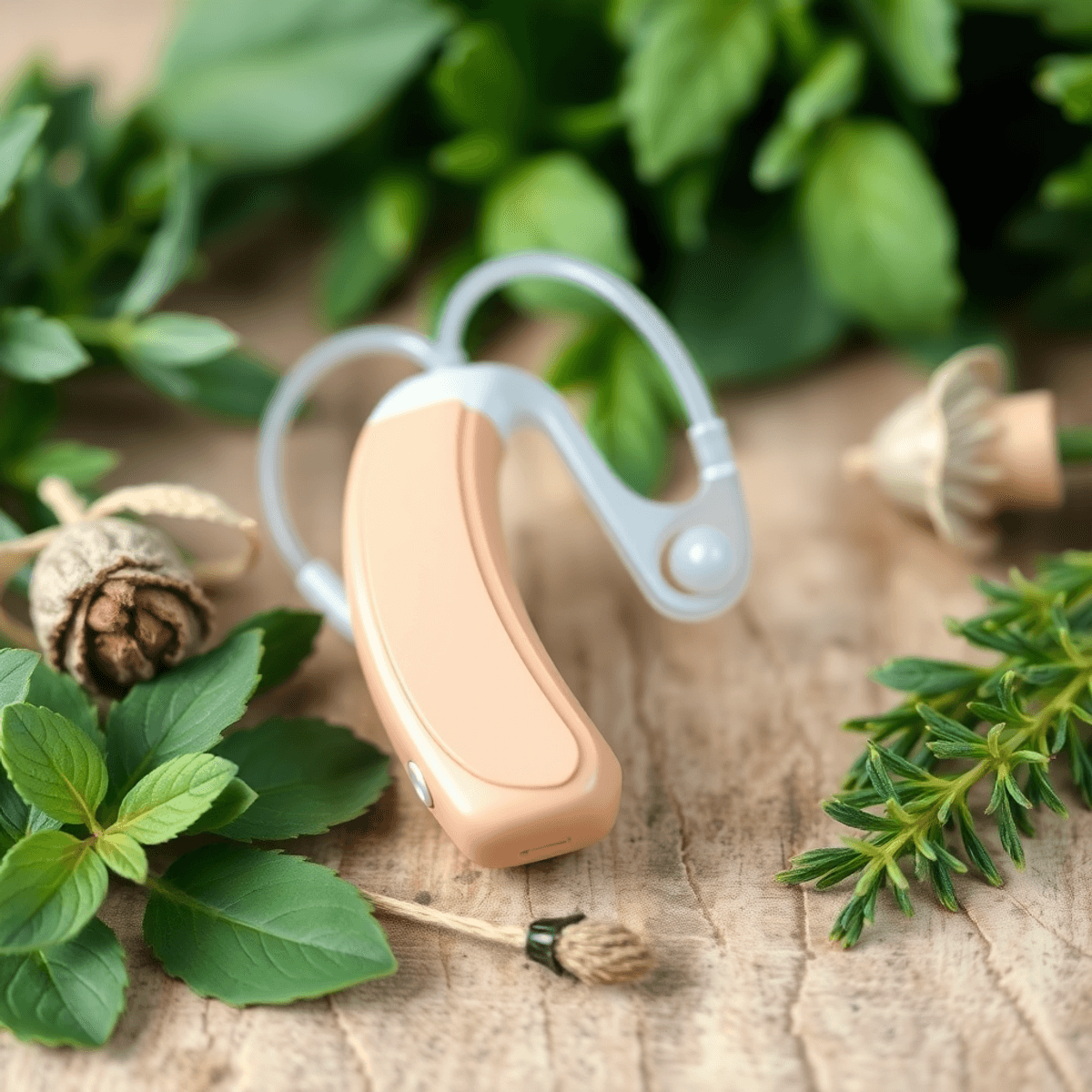 Close-up of green plants and herbs surrounding a modern hearing aid on a wooden surface, symbolizing natural hearing support and health.