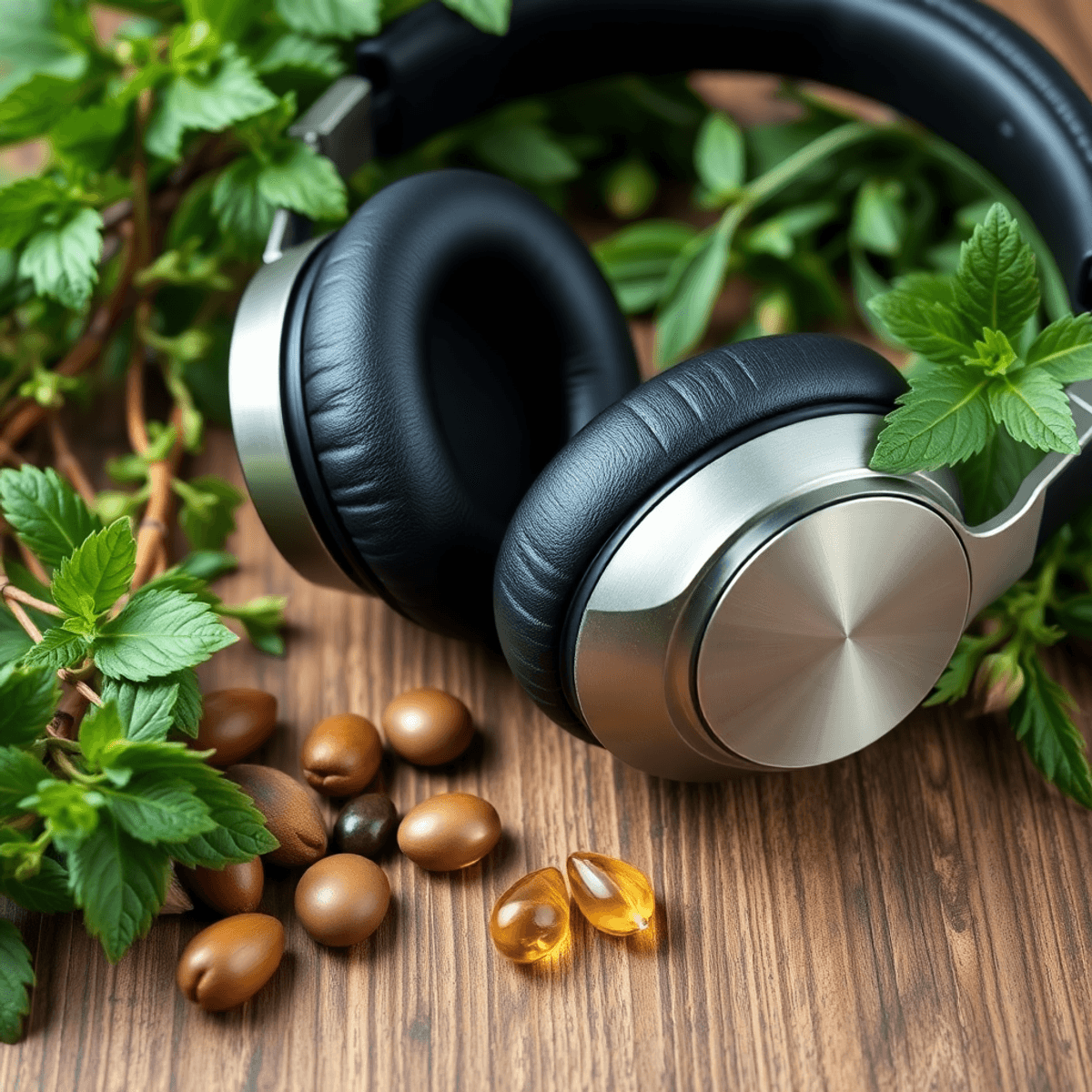Close-up of high-quality headphones on wood, surrounded by green plants and herbal ingredients, symbolizing plant-based hearing health supplements.