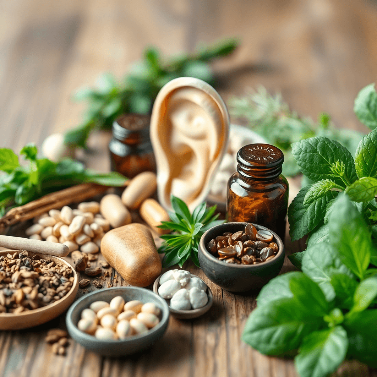 Close-up of natural herbs and supplements on a wooden table with an ear-shaped outline in the background symbolizing hearing health.