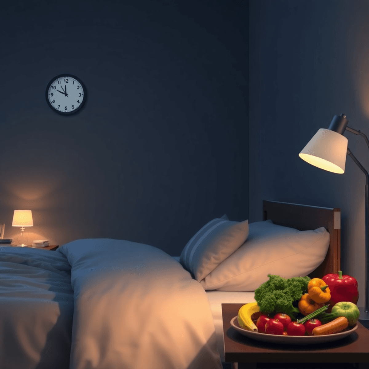 Cozy bedroom at night with soft lighting, a bed, clock showing 8 hours, and healthy fruits and vegetables on the bedside table.