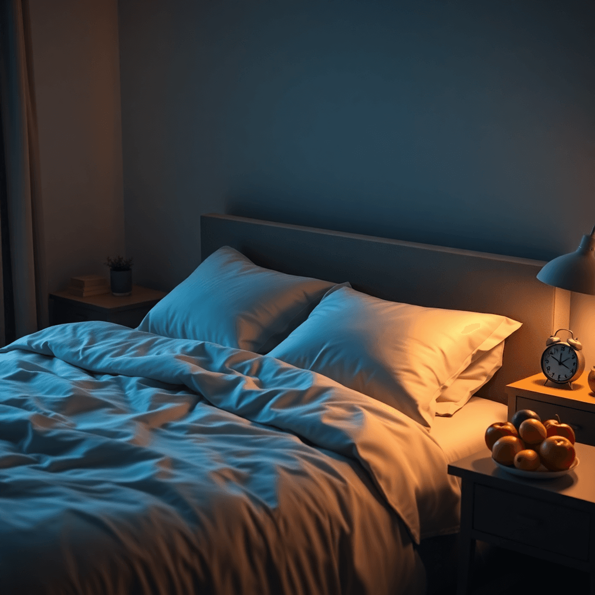 Cozy bedroom at night with soft sheets, ambient lighting, clock showing bedtime, and healthy fruits on a bedside table symbolizing rest and wellness.