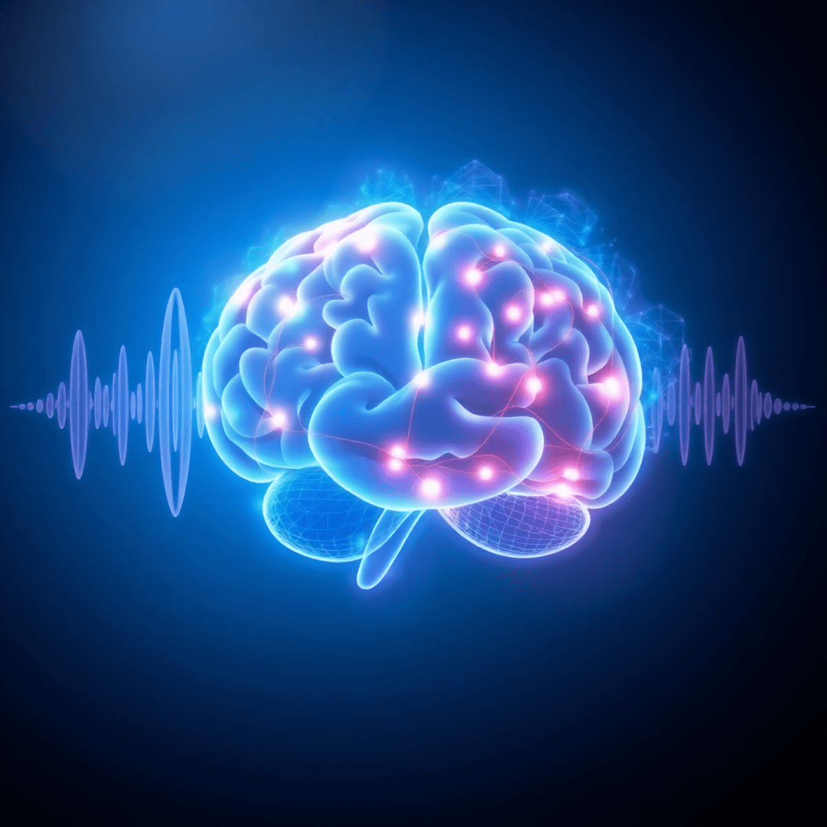 Digital illustration of intertwining sound and brainwaves with glowing neural connections on a calming blue background, symbolizing mental clarity ...