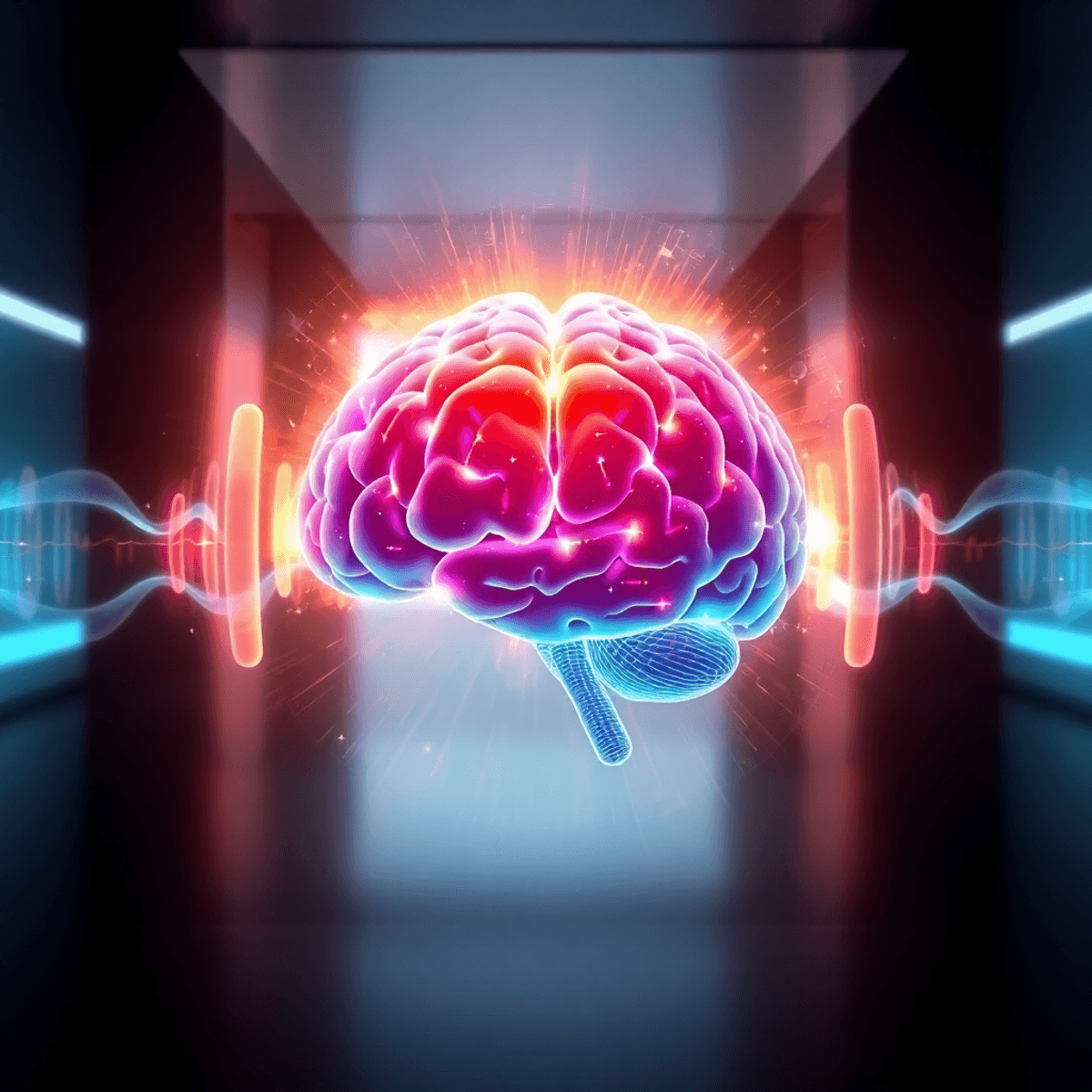 Glowing human brain with abstract soundwaves and light patterns on a sleek modern background, symbolizing enhanced cognitive function and brainwave...