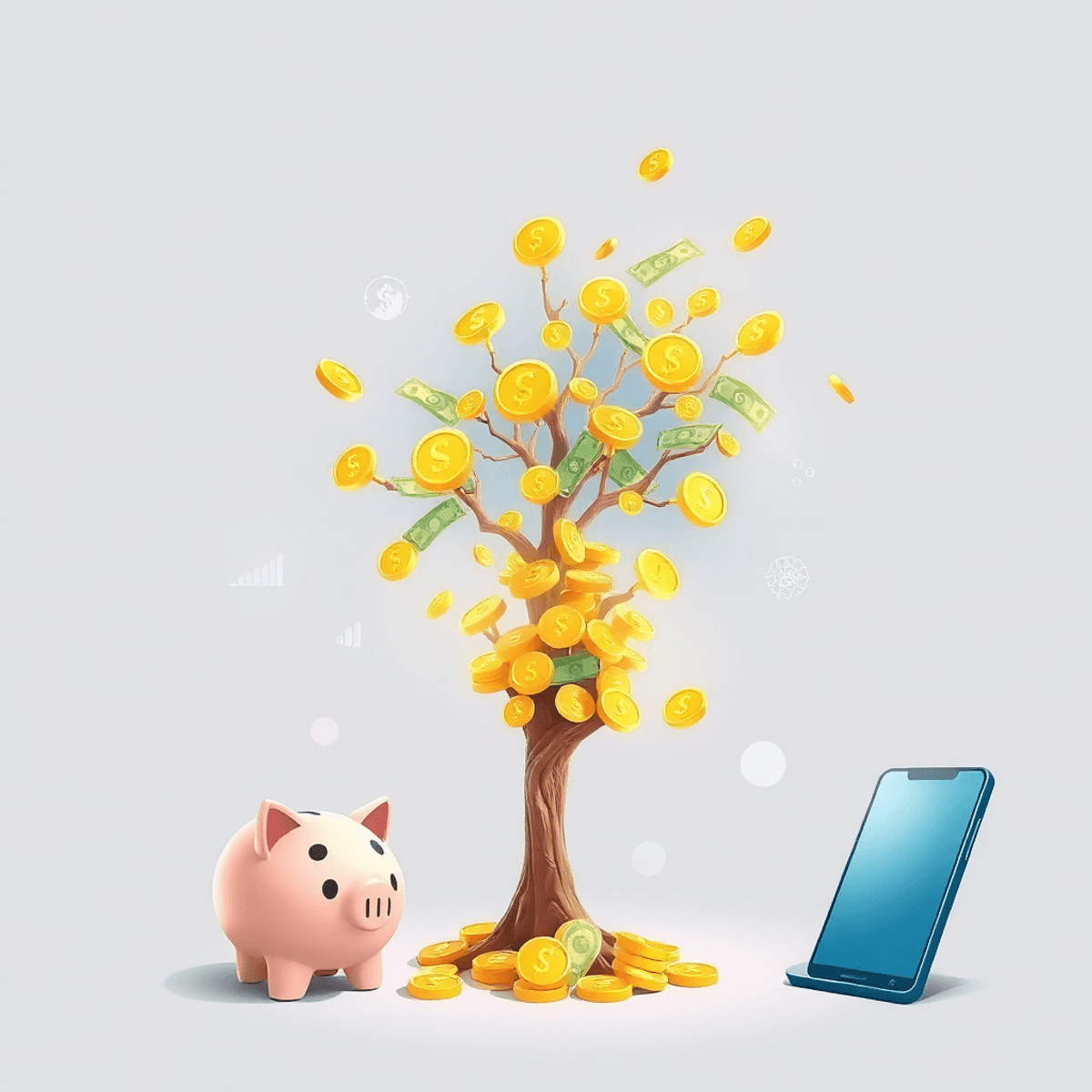 Illustration of a tree made of golden coins and dollar bills with digital icons like graphs, piggy bank, and smartphone on a clean, modern background.