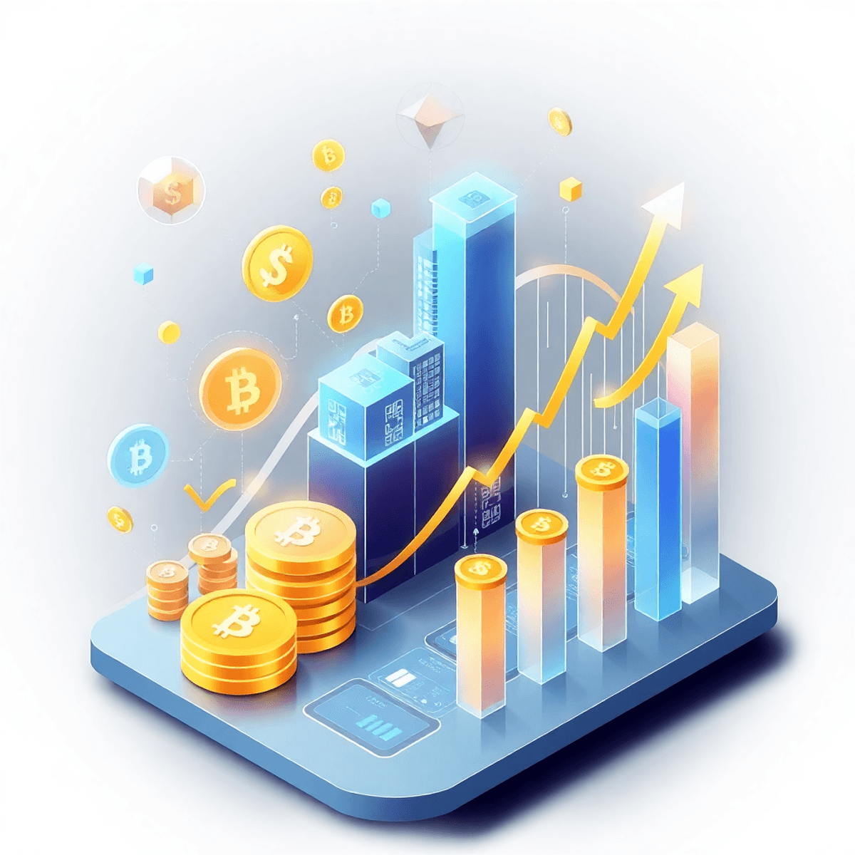 Illustration of digital assets, cryptocurrency symbols, upward trend graphs, and futuristic tech elements on a sleek background representing innova...