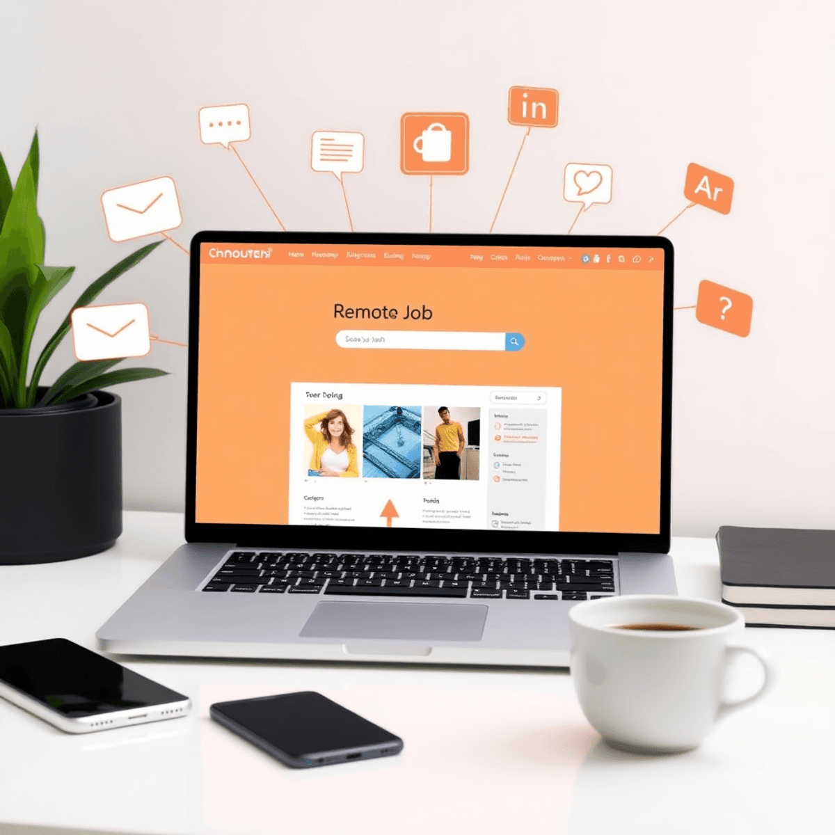 Laptop on a clean desk showing a remote job search site, surrounded by chat bubbles, social media icons, a coffee cup, and a smartphone.
