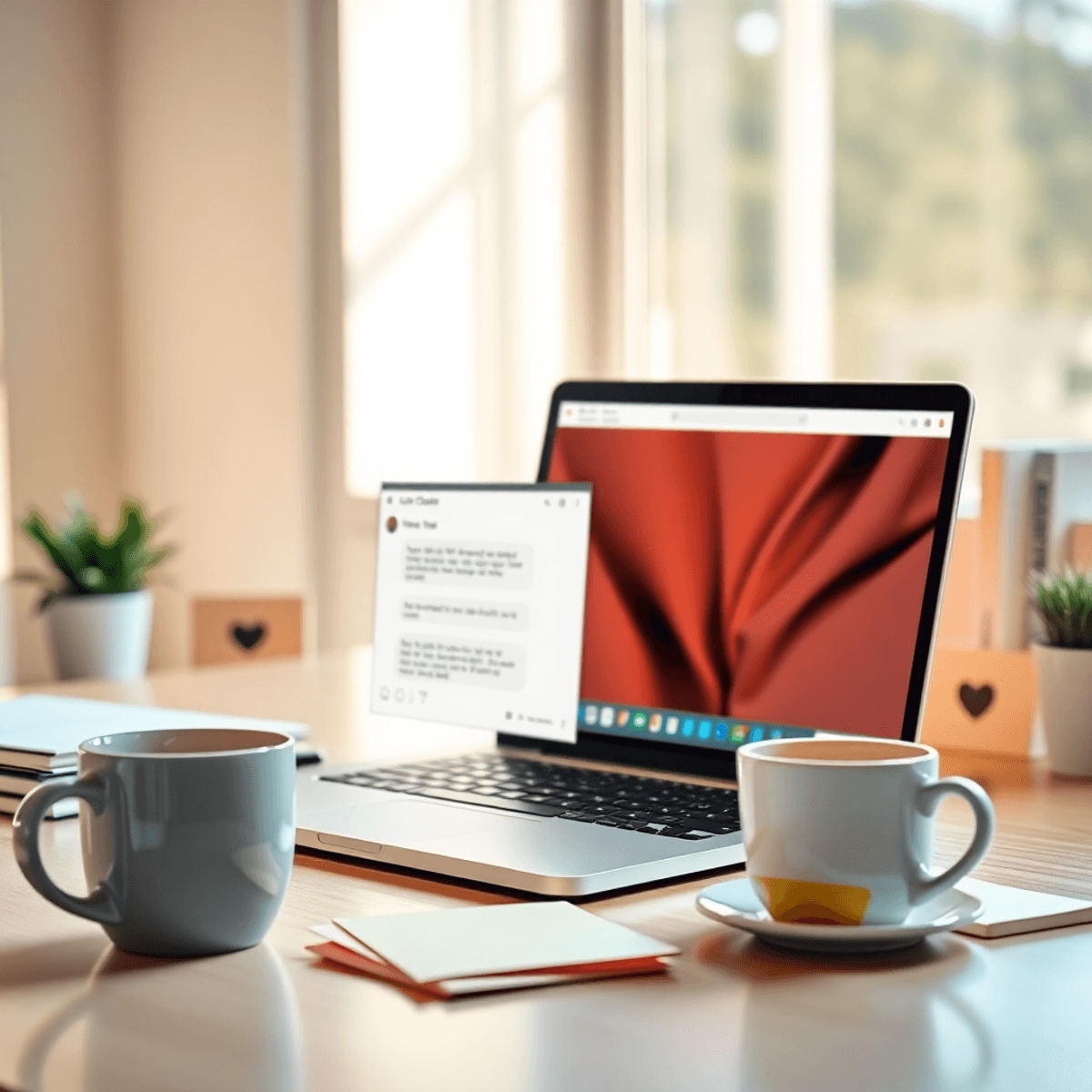 Modern home office with laptop showing live chat, notes scattered around, and a coffee cup, symbolizing remote work and online jobs.