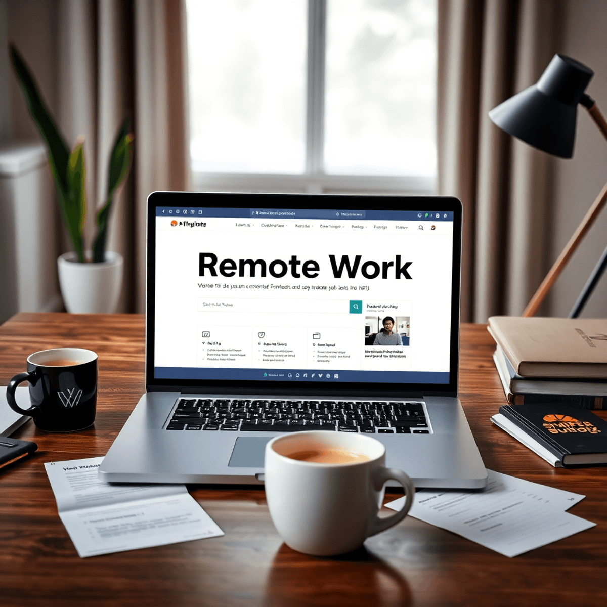 Modern home office with laptop showing remote job platform, surrounded by notes and a coffee cup, illustrating online job searching and work-from-h...