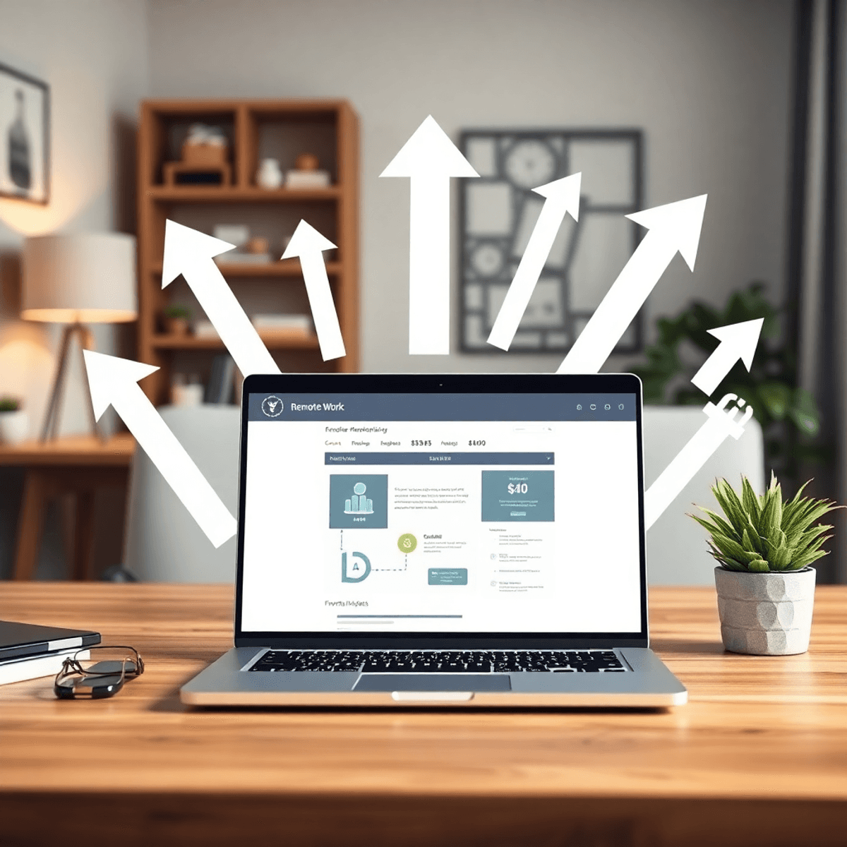 Modern home office with laptop showing remote work platform, surrounded by financial growth symbols like upward arrows and dollar signs.