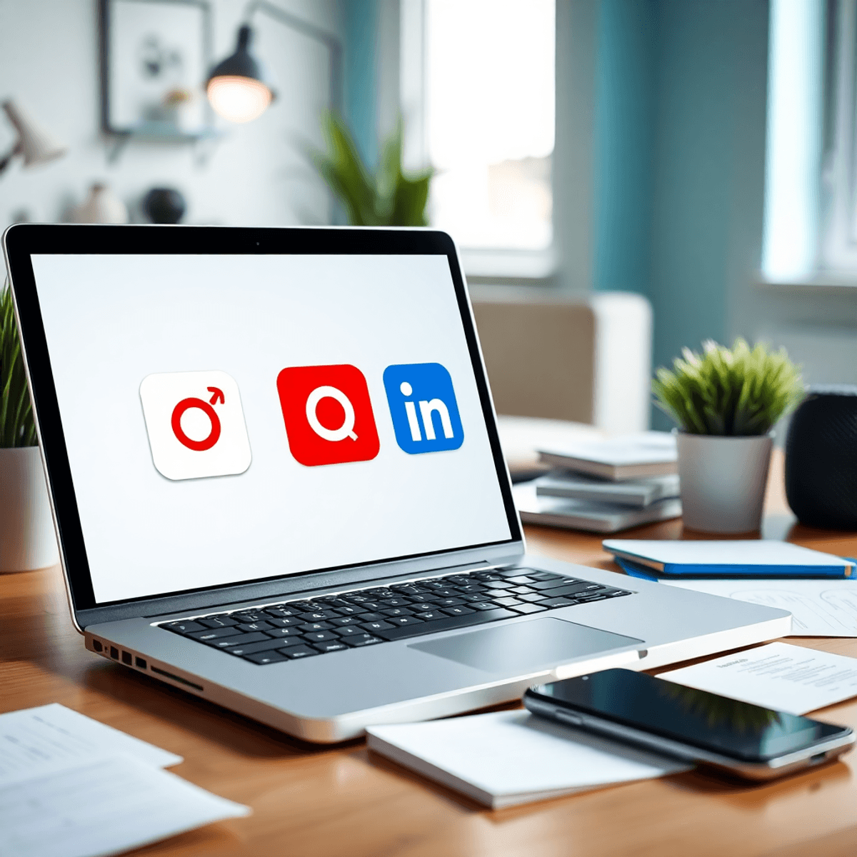 Modern home office with laptop showing social media icons, surrounded by notes and a smartphone, representing remote social sales and online commun...