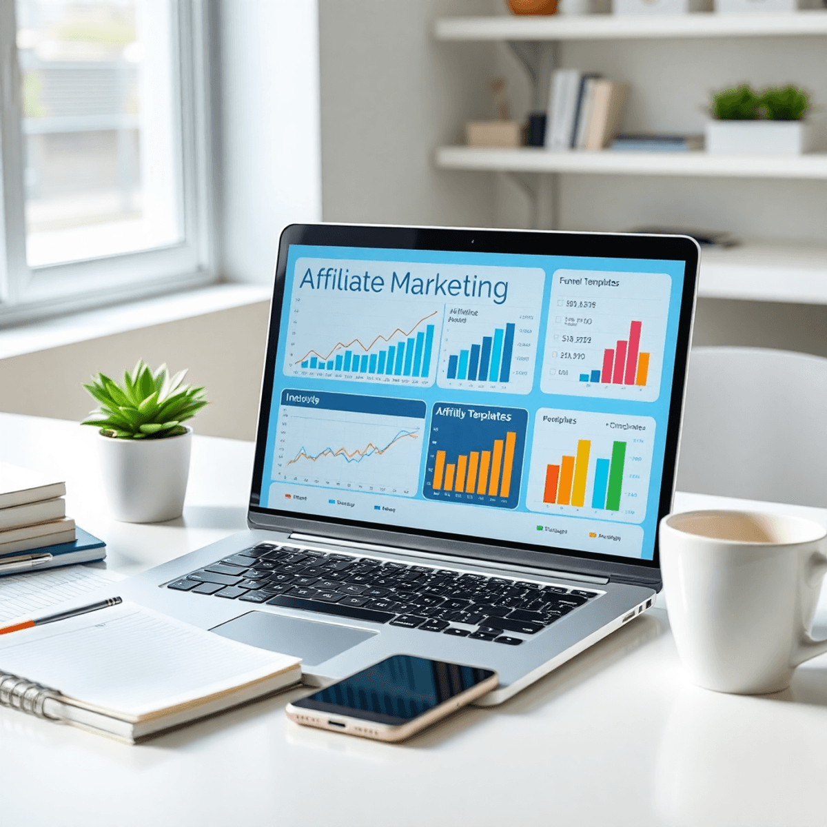 Modern workspace with laptop showing marketing graphs and funnel templates, surrounded by notebooks, coffee cup, and smartphone.