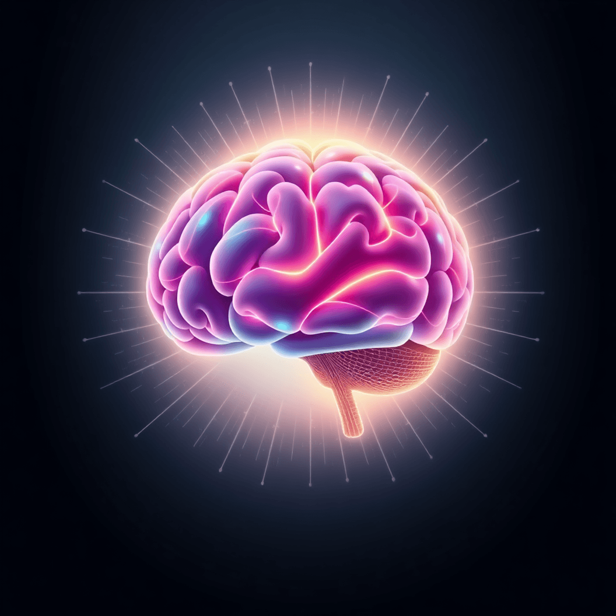 Realistic brain illustration glowing with vibrant neural pathways and sound waves on a clean, futuristic background symbolizing mental clarity.