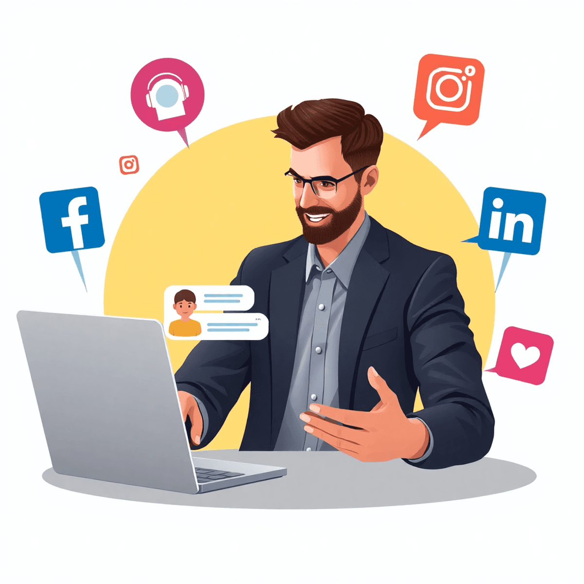 Remote sales rep using laptop for live chat, with social media icons like Facebook, Instagram, and LinkedIn around, highlighting digital communicat...