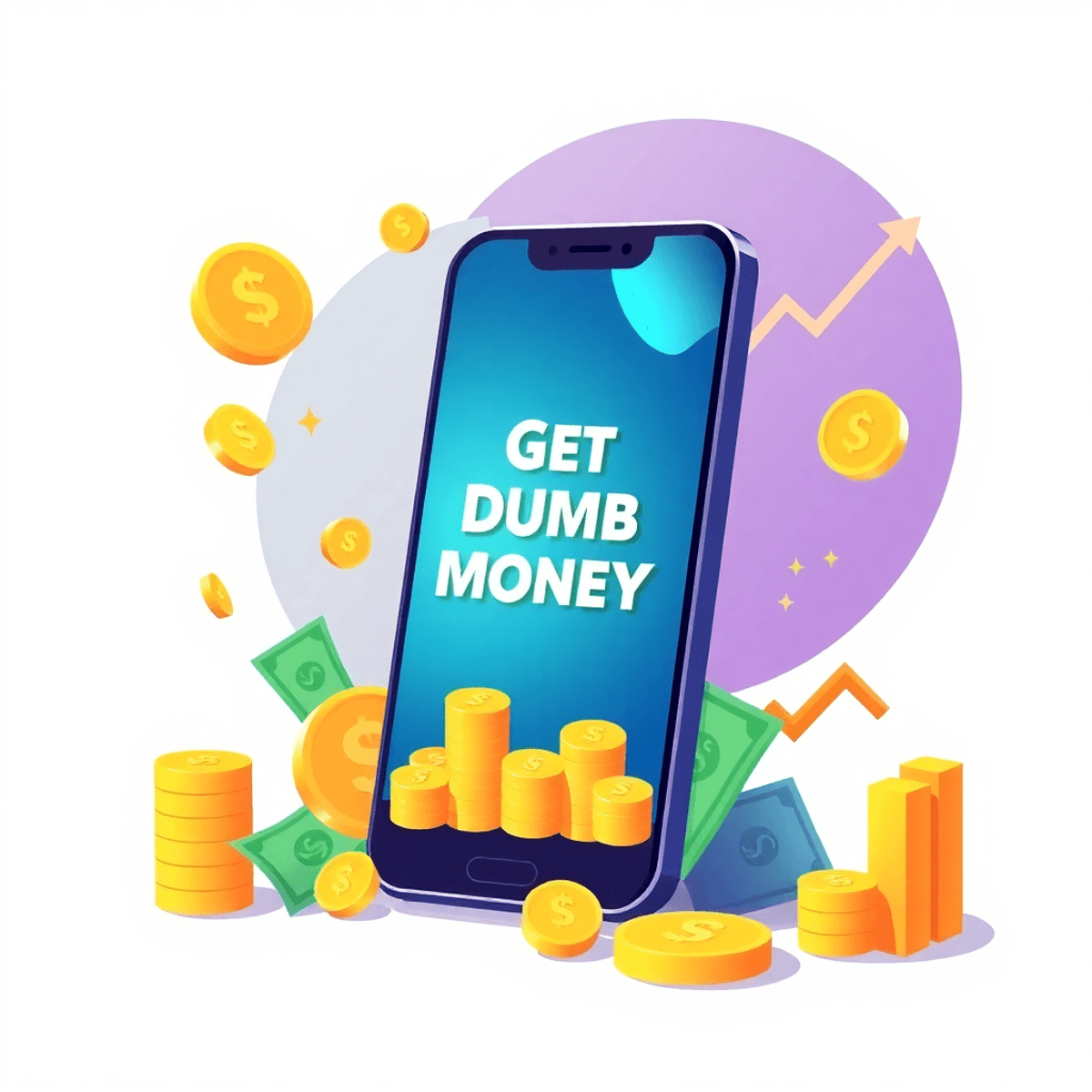Smartphone with glowing "Get Dumb Money" notification, surrounded by coins, dollar bills, and upward graphs on a clean, abstract background.
