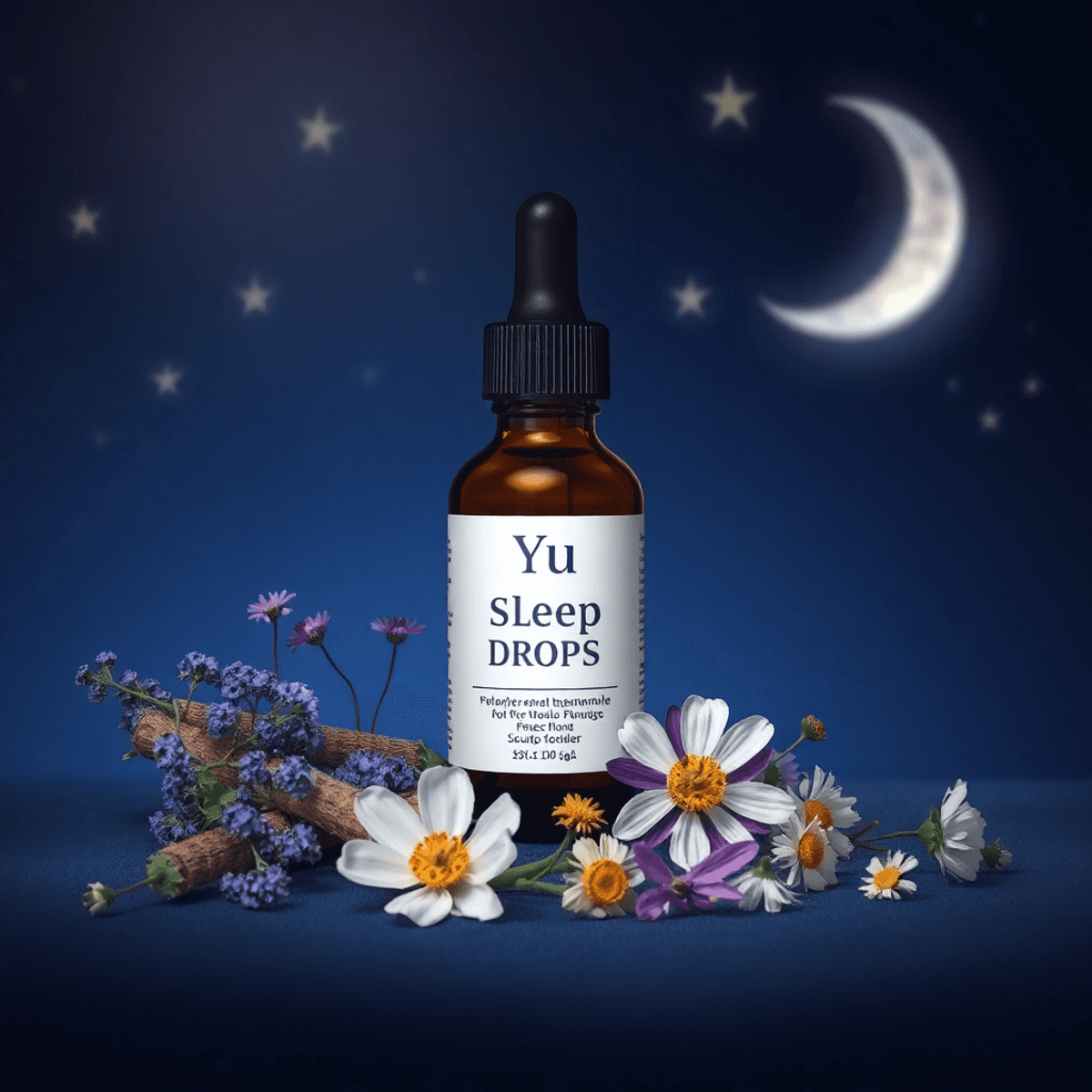 Amber dropper bottle labeled "Yu Sleep Drops" surrounded by valerian, passionflower, chamomile, and catnip herbs against a dark blue starry night background.