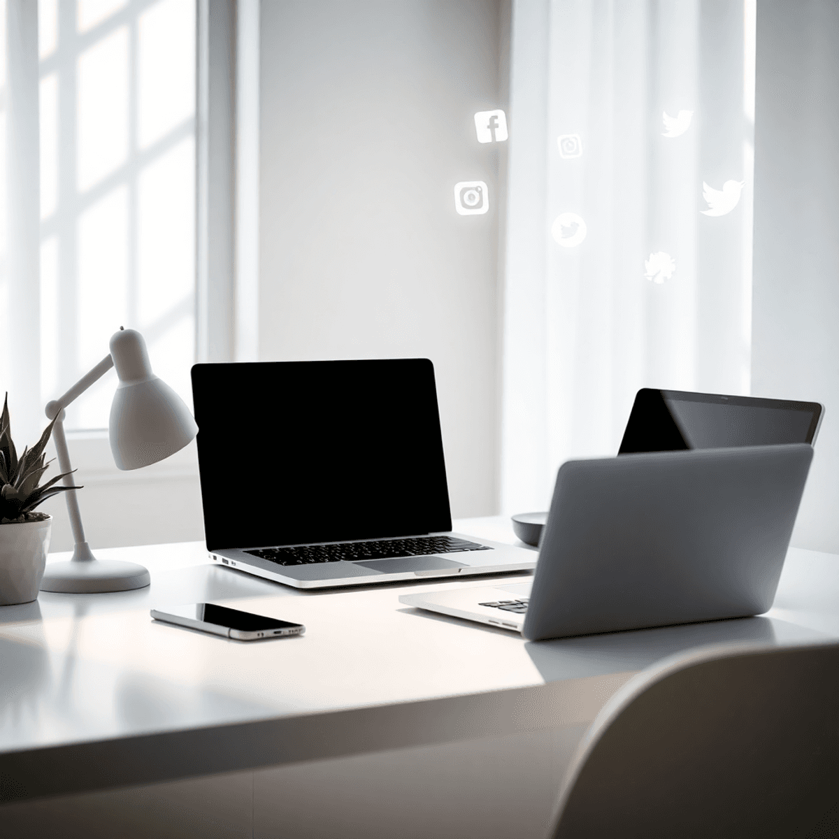 A bright workspace with a laptop, smartphone, and tablet on a clean desk, bathed in natural light, with floating social media icons in the background.
