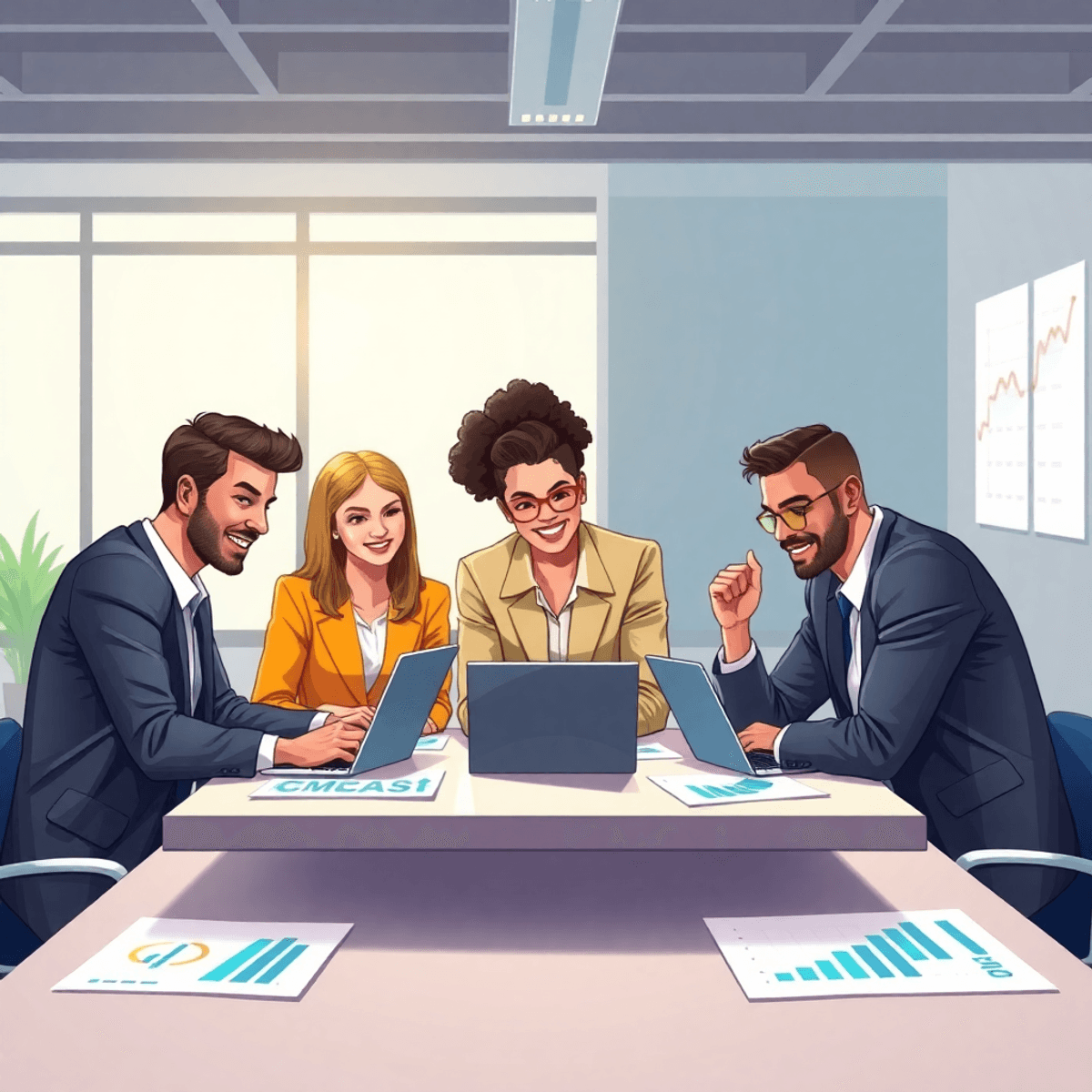 A diverse group of young professionals collaborating around a table with laptops and charts in a modern office, symbolizing wealth building and ent...