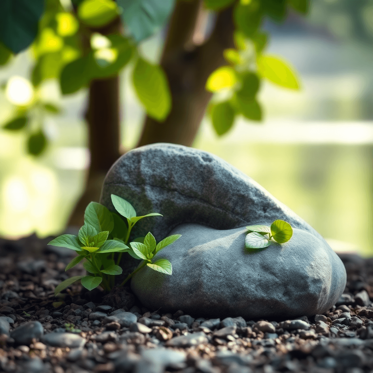 A green plant growing next to a smooth, prostate gland-shaped river stone with soft sunlight filtering through leaves, creating a peaceful, natural...