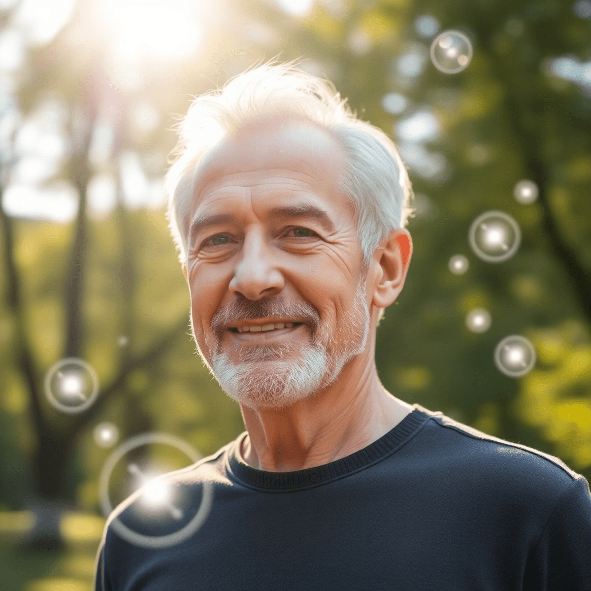 A mature man outdoors in a sunlit park, surrounded by soft glowing orbs and flowing lines symbolizing health and harmony.