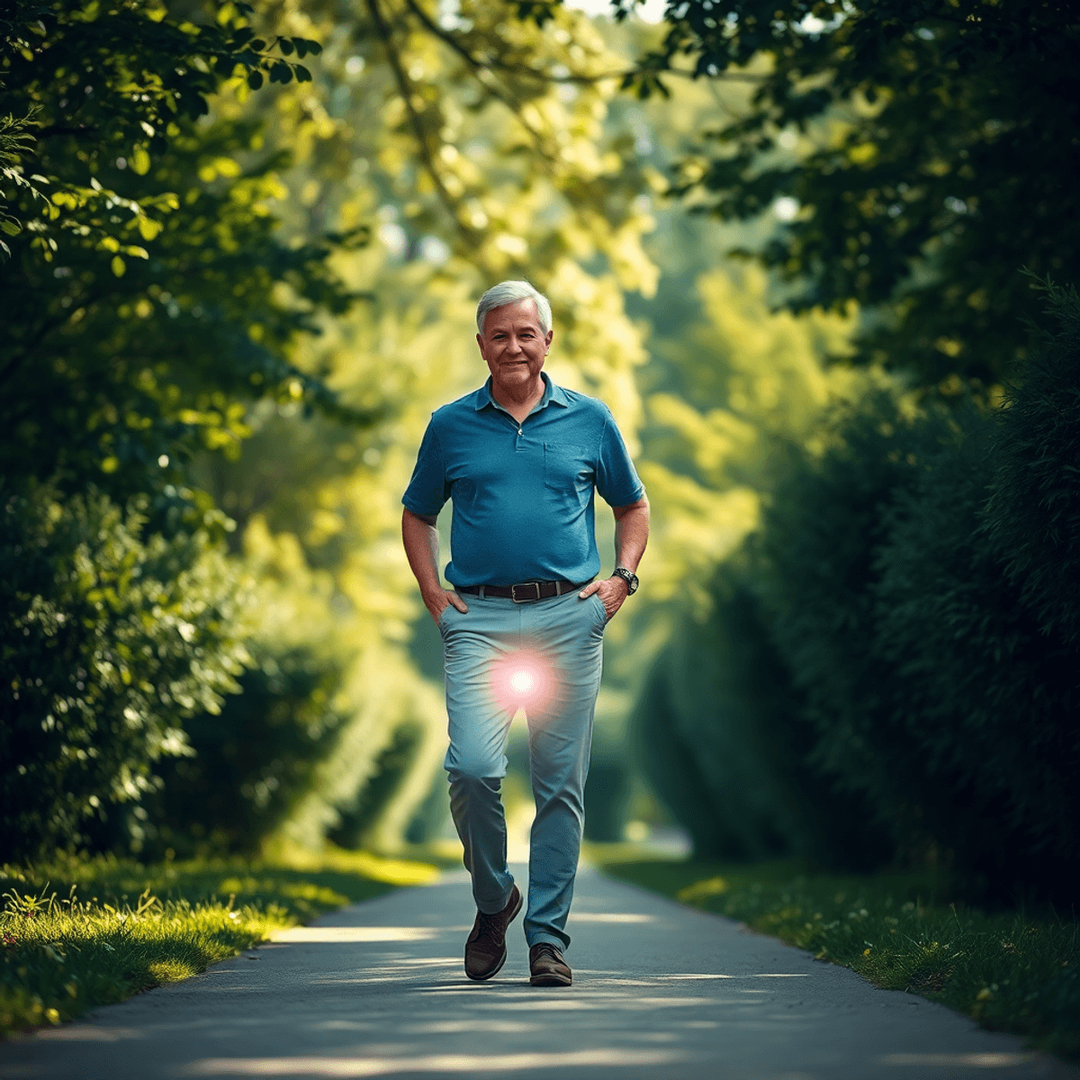 A mature man walking confidently on a sunlit path surrounded by lush greenery, with soft glowing light around his lower abdomen symbolizing prostat...