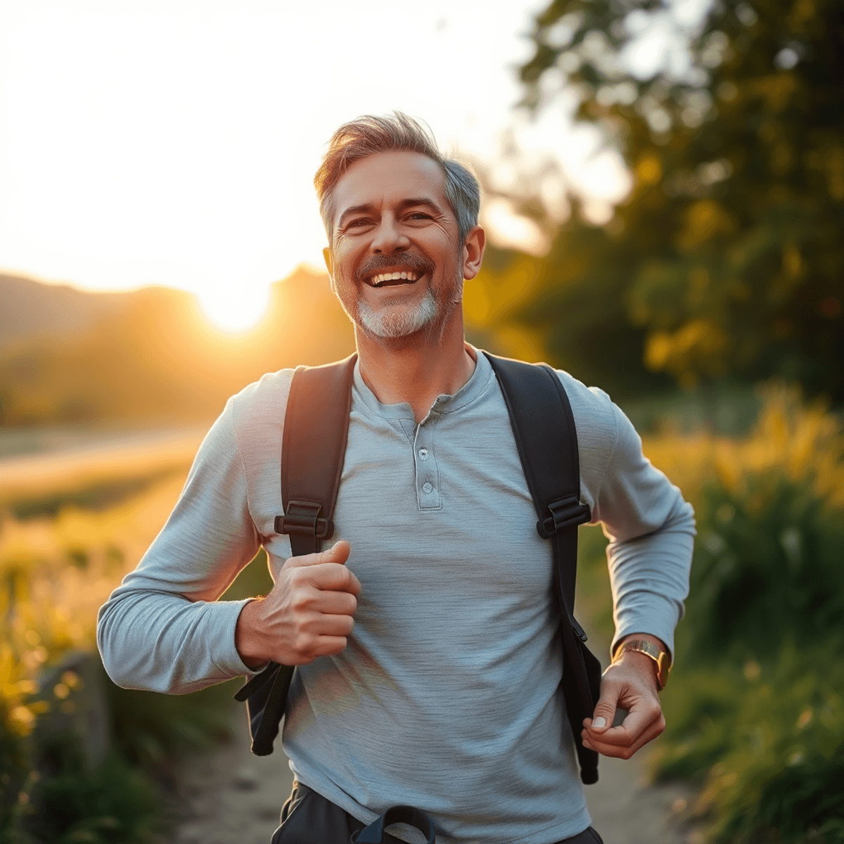 A middle-aged man confidently enjoying outdoor activity at sunrise, bathed in soft natural light symbolizing health and vitality.