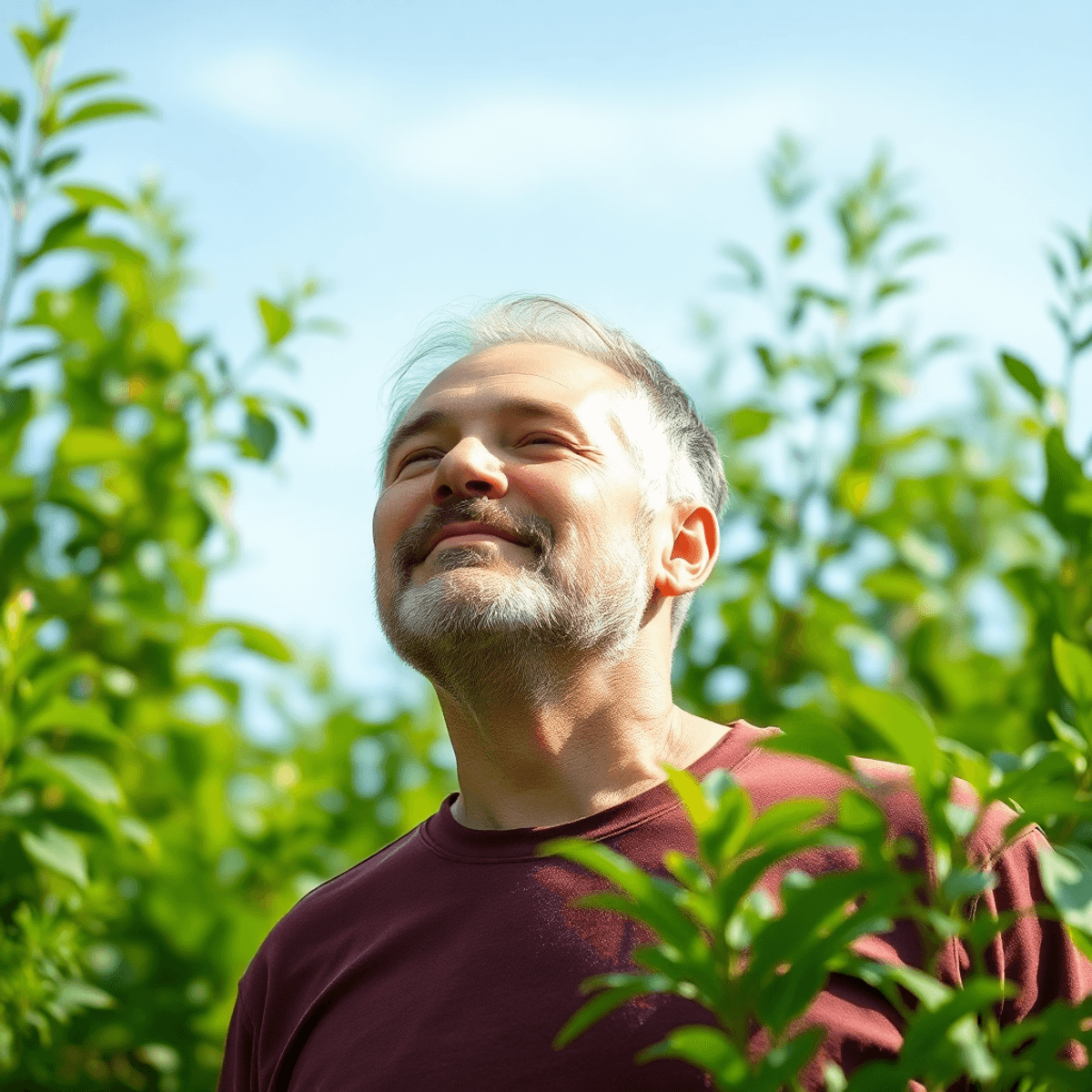 A middle-aged man outdoors in lush greenery with soft glowing light and a calm blue sky, symbolizing vitality, balance, and natural healing.