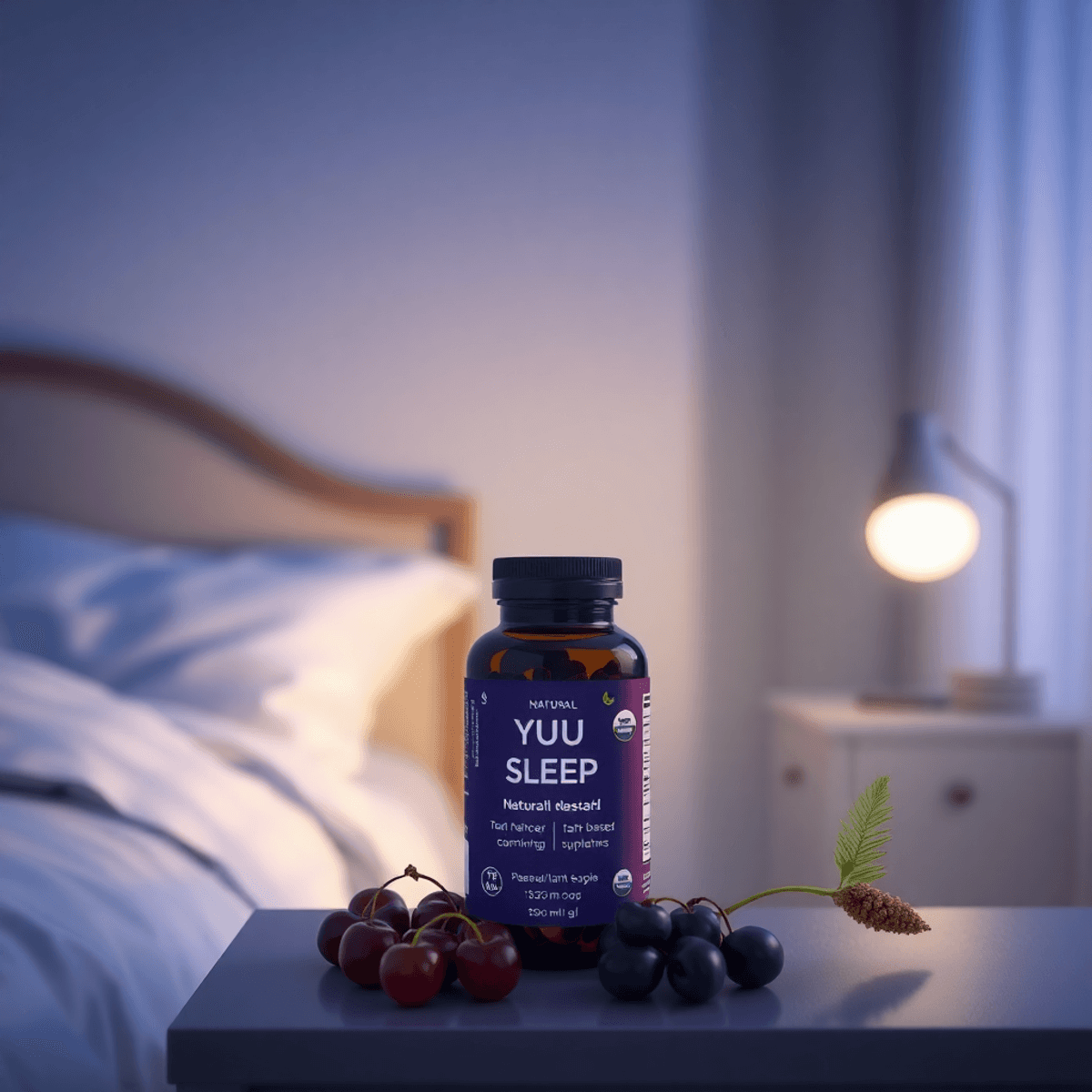 A peaceful bedroom at night with blue and purple tones, a bedside table holding a "Yu Sleep" supplement bottle, tart cherries, and calming herbs.