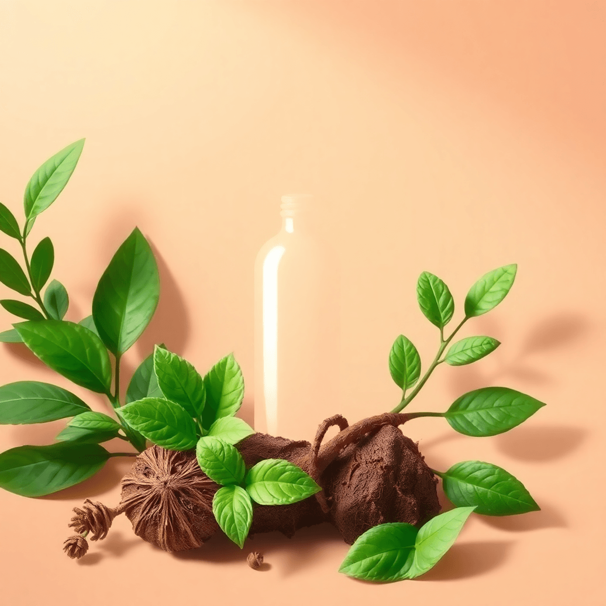 A realistic image of green leaves and roots with an elegant bottle silhouette against a warm, soft background symbolizing health and wellness.