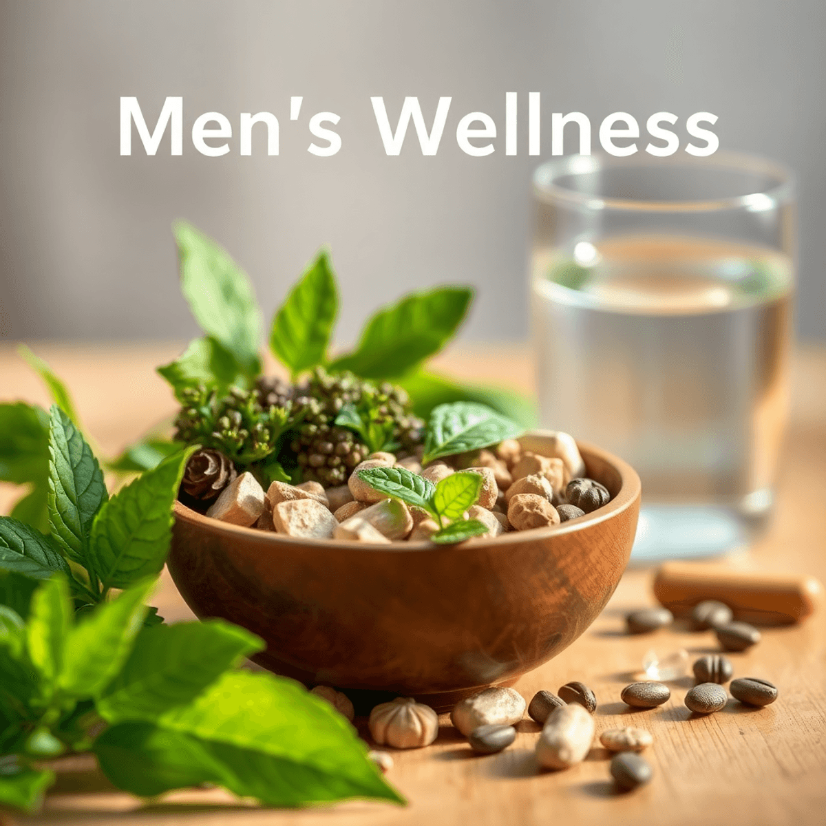 Close-up of a bowl with herbs and minerals, surrounded by green leaves and a glass of water, set in warm natural light symbolizing health and welln...