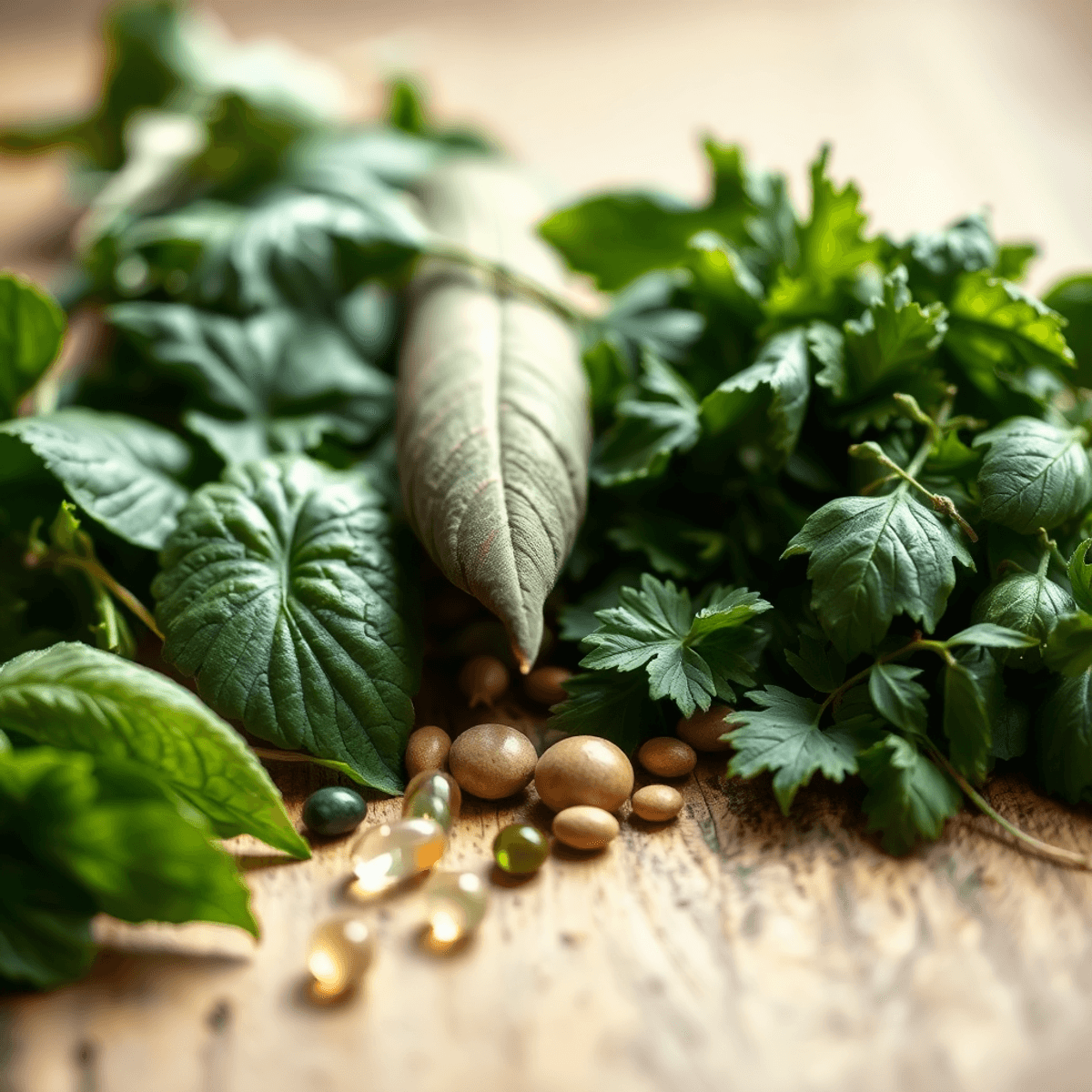 Close-up of green plant leaves and fresh herbs on a wooden surface with warm lighting, evoking natural health and herbal supplements.