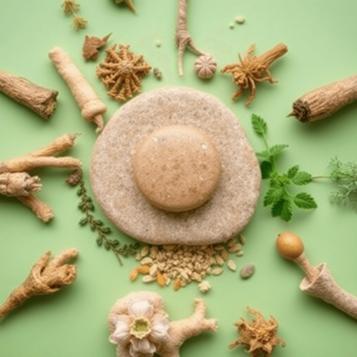 Close-up of medicinal herbs and roots arranged around a smooth stone on a soft green background symbolizing balance and health.
