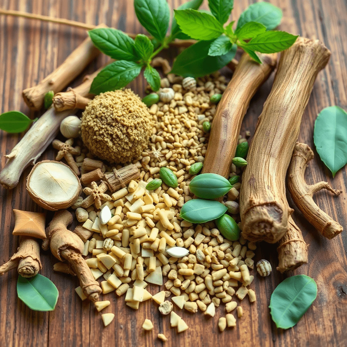 Close-up of natural herbs and roots arranged on wood, showcasing earthy tones that evoke health, vitality, and wellness in a realistic style.